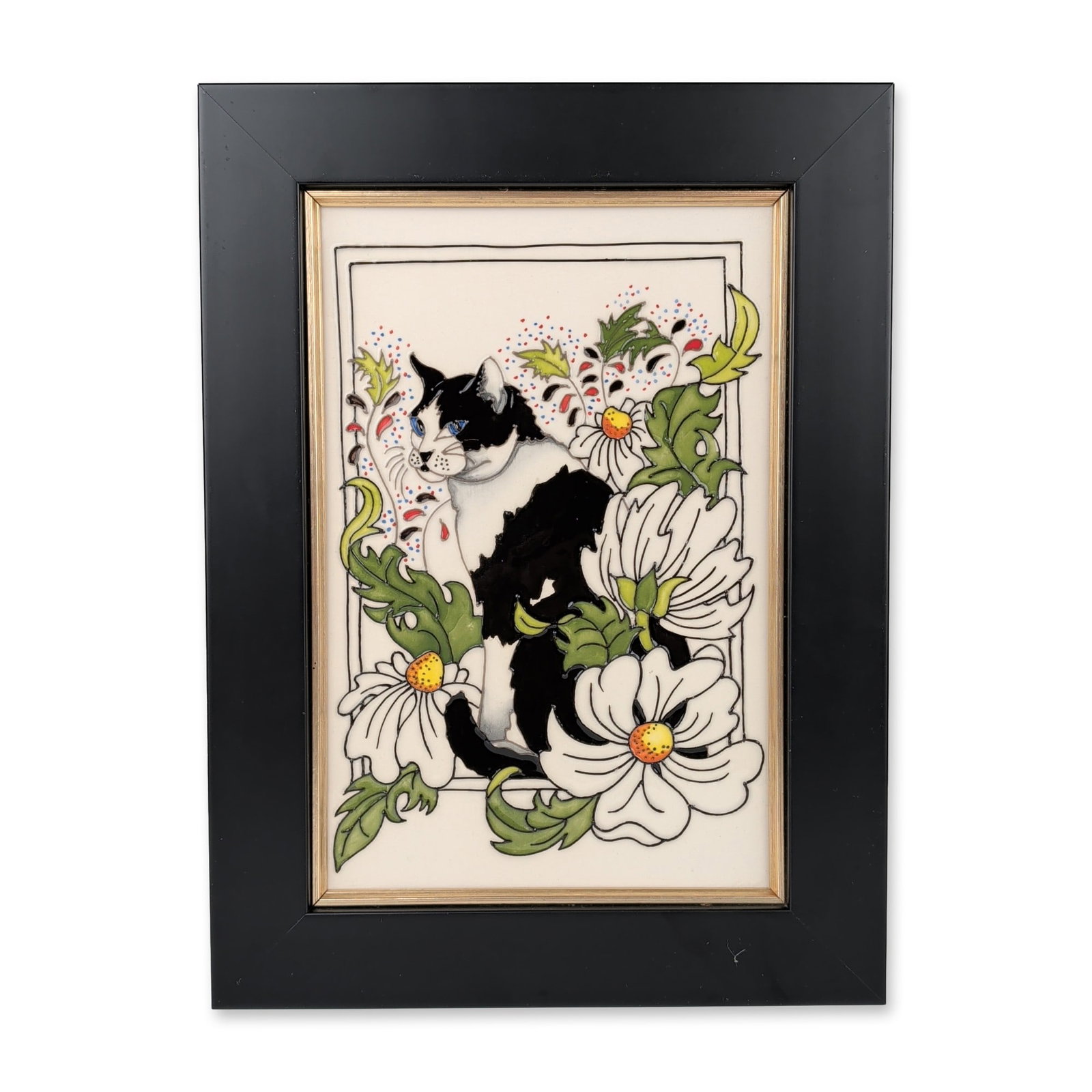 Moorcroft Pottery by Rachel Bishop Framed Tile, Daisy the Cat: The composition features a reclining black and white cat with blue eyes nestled among white daisies and stylized green leaves. Framed in a contemporary black frame with a gold-toned inner slip. Verso 