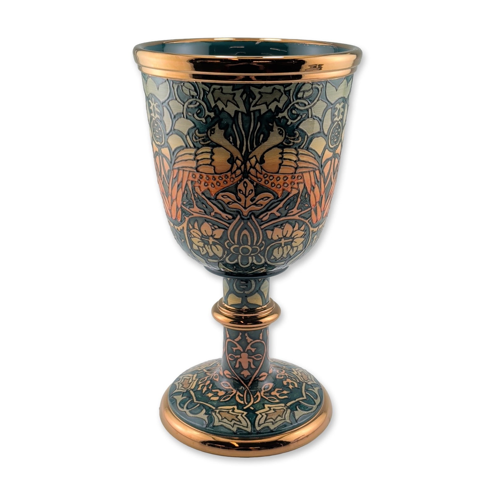 Dennis Chinaworks Rare Large Peacock and Dragon Chalice, Only 5 Made: A Dennis Chinaworks earthenware chalice designed by Sally Tuffin after William Morris. The footed vessel features tube-lined peacock and foliate decoration in tones of green, teal, ochre, and orange. 
