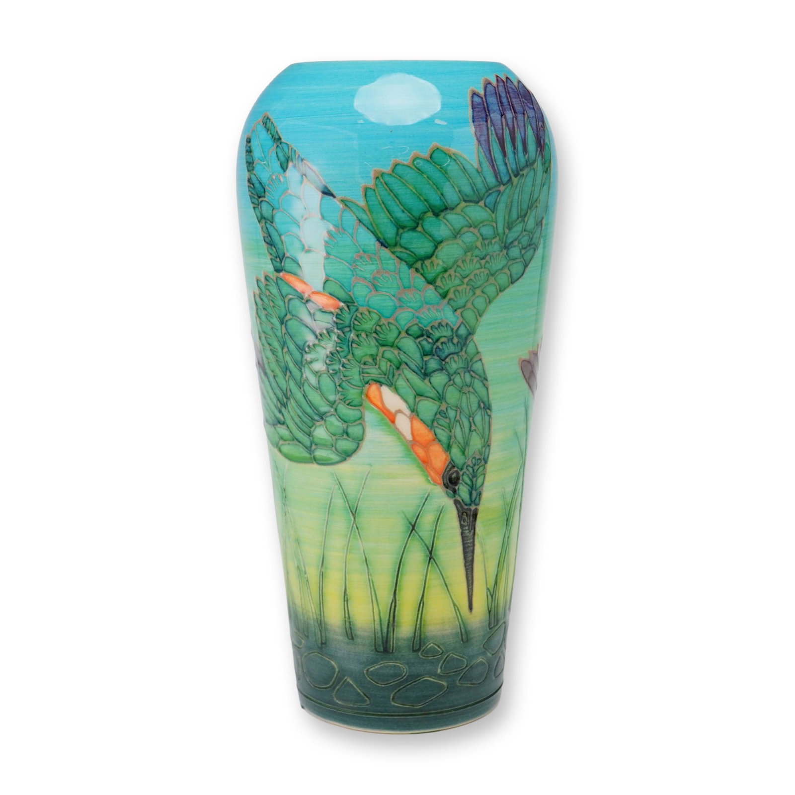 Dennis China Works Pottery by Sally Tuffin Kingfisher Vase: The vase is decorated using the tube-lining technique to create raised outlines, which are then finished with hand-painted glazes. The design depicts a kingfisher in a diving pose over stylized green 