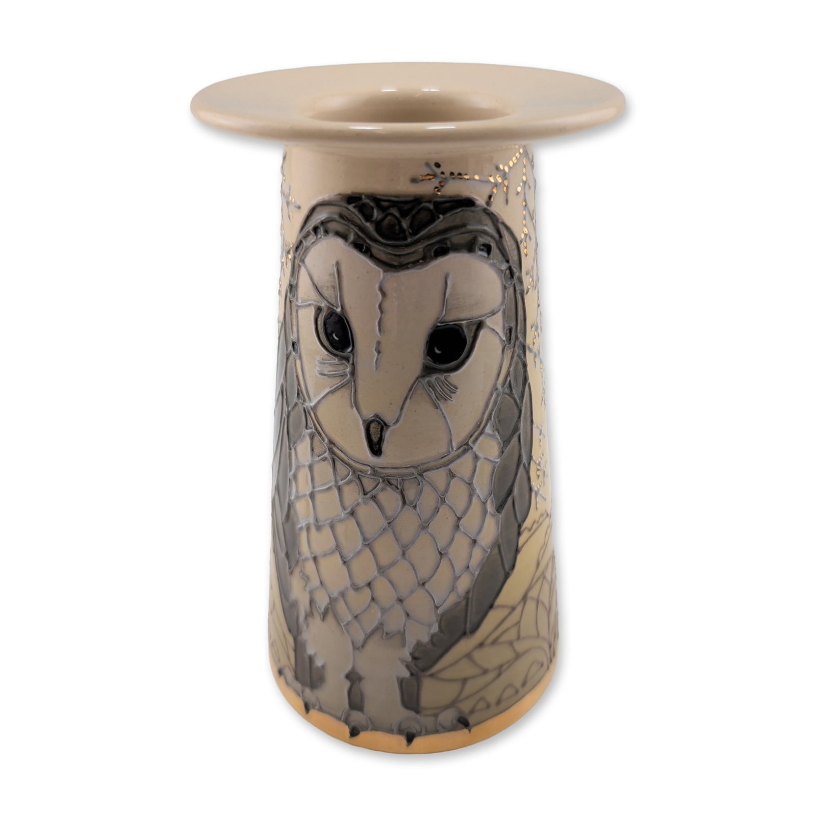 Dennis Chinaworks Sally Tuffin Ceramic Owl Motif Vase: Dennis Chinaworks hand-thrown earthenware cylindrical vase designed by Sally Tuffin, featuring a stylized tube-lined barn owl with hand-painted glazes in cream, gray, and black, with gold luster detai