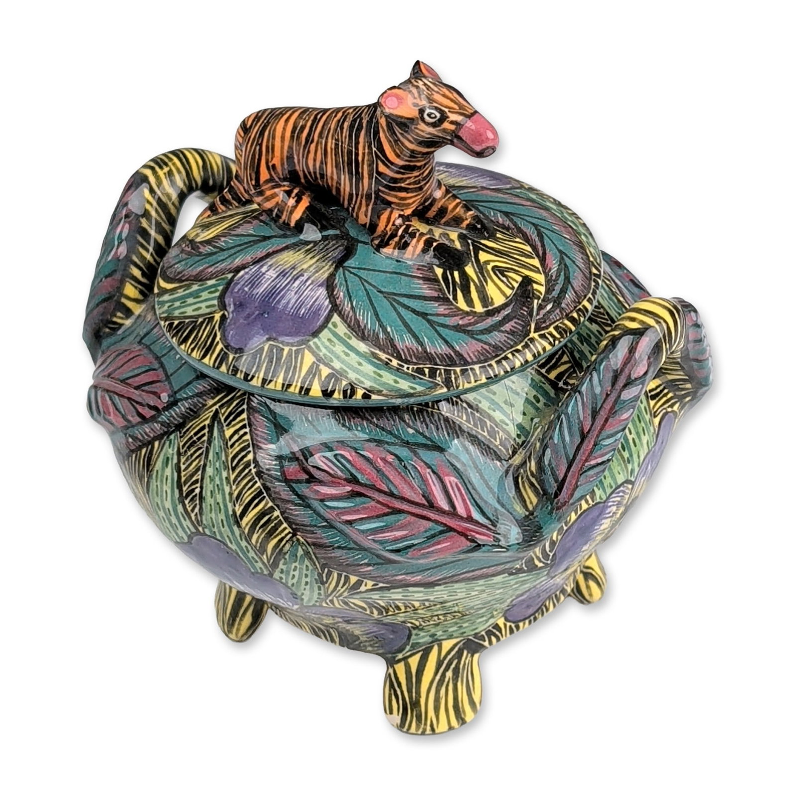 Ardmore Ceramic Art Hand-Painted Zebra Tureen: Sculpted by Pauline and painted by Goodness Mpinga. The piece features a globular form on four tapered feet decorated with yellow and black stripes. The body and lid are hand-painted with dense botani