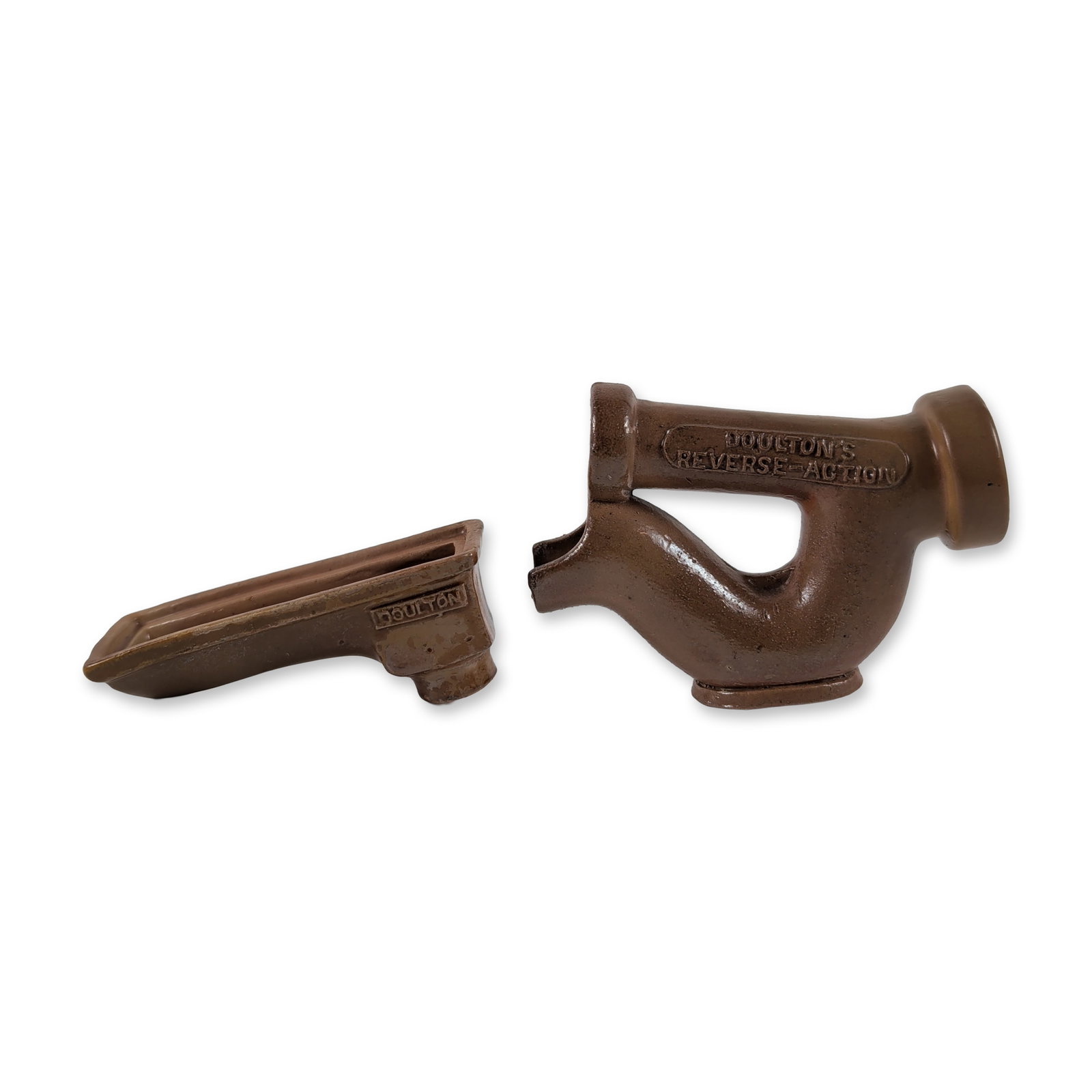 Two Doulton Industrial Salt Glazed Salesman Sample Fittings: Doulton. Two industrial salt glazed stoneware components in a brown glaze. The lot includes a branched junction fitting with a vertical main body and curved ports, featuring an embossed panel marked D
