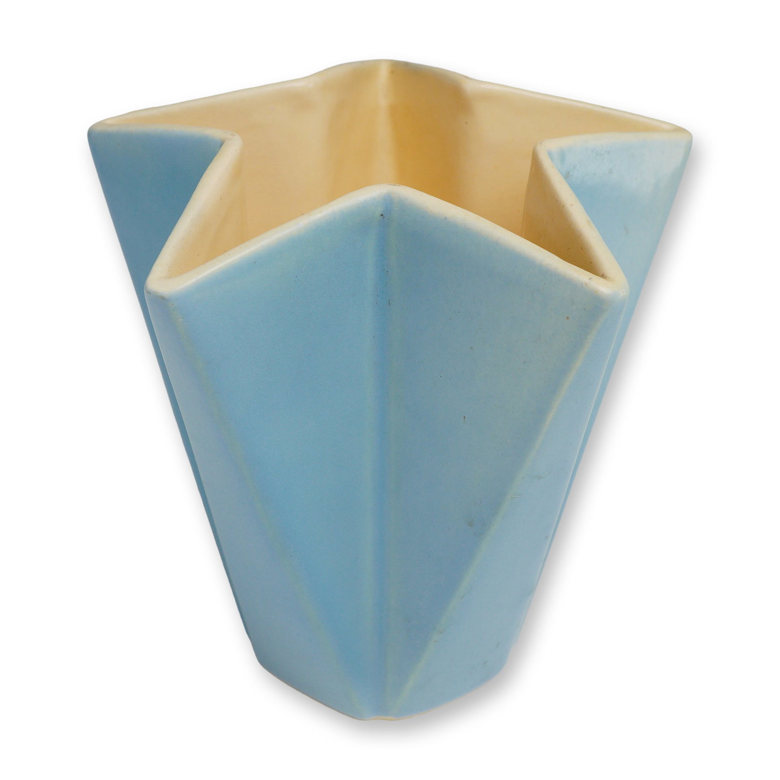 Weller Pottery Atlas Blue and Cream Star Vase: A Weller Pottery Atlas line ceramic vase. This Art Deco period vessel features a bold five-pointed star-shaped rim that tapers sharply to a circular, scalloped foot. The piece is finished in a charact