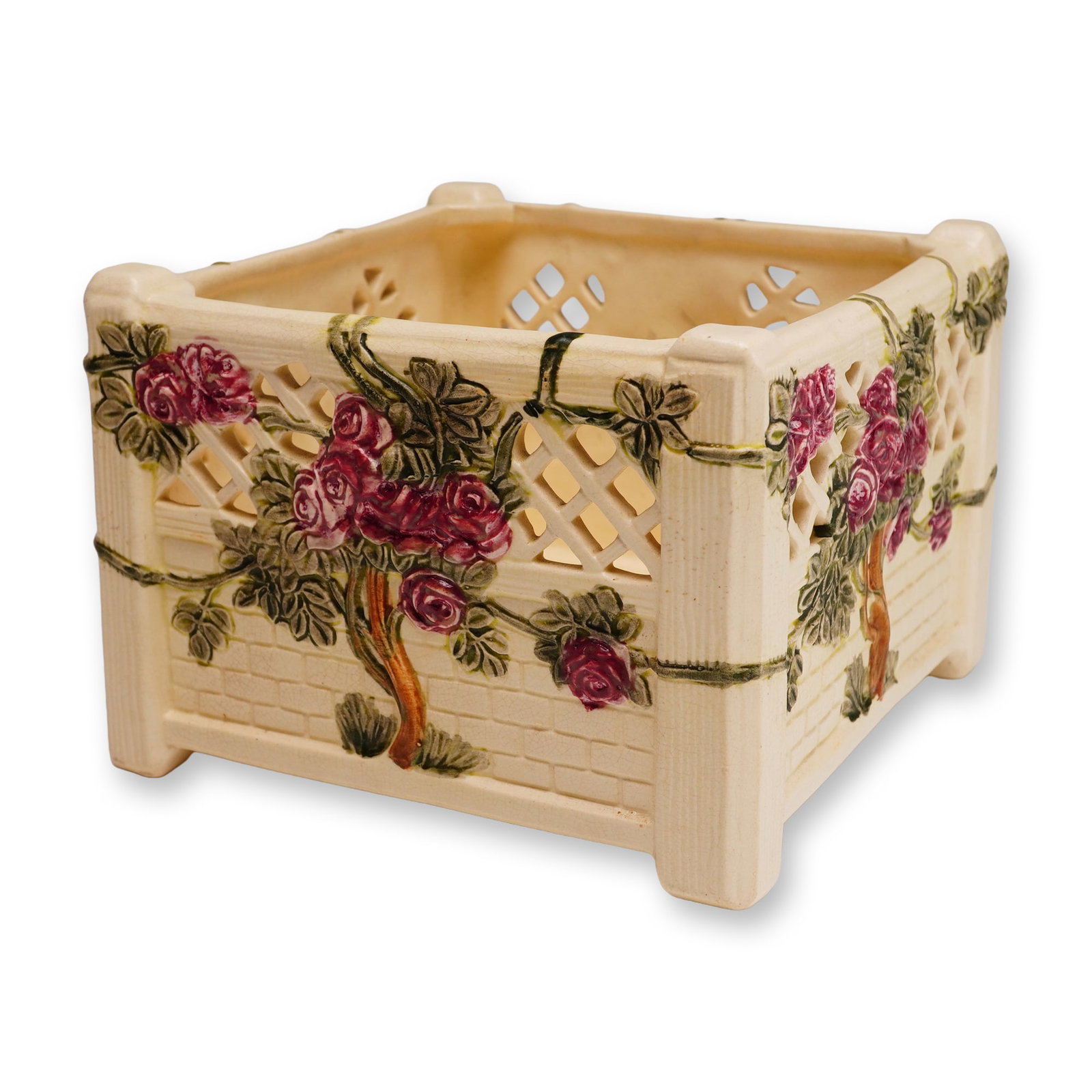 Weller Pottery Pierced Square Ceramic Planter, Roma: A fine example of American art pottery from Weller Pottery of Zanesville, Ohio, in the Roma pattern, dating to the early 20th century (circa 1915-1925). This square-form ceramic planter or jardiniere 