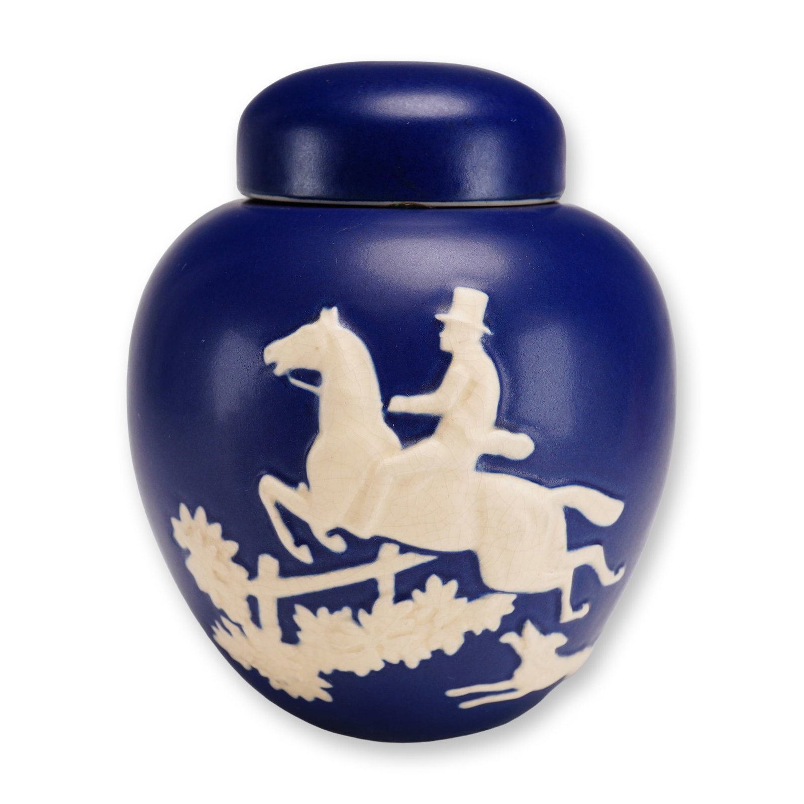 Weller Pottery Cobalt Blue Equestrian Covered Ginger Jar, Chase: A fine example of American Art Deco ceramics, this covered ginger jar is from the Chase pattern by Weller Pottery of Zanesville, Ohio. Produced circa the 1920s, the piece is executed in a matte-finish
