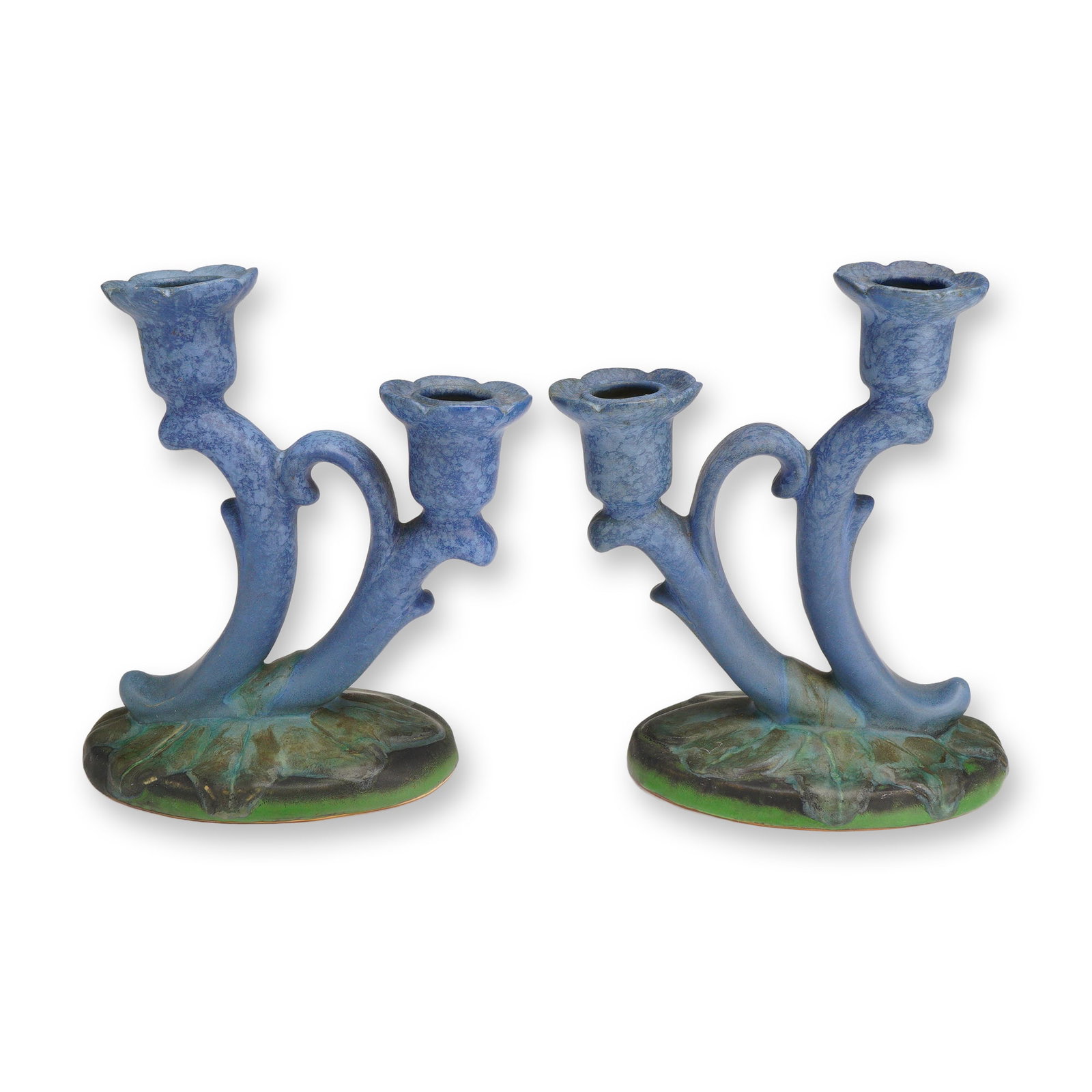 Pair of Weller Pottery Double Candle Holders, Sydonia Blue: A pair of Weller Pottery ceramic double-arm candle holders in the Sydonia pattern. Each piece features an organic, branch-like form characteristic of the Art Nouveau influence on American art