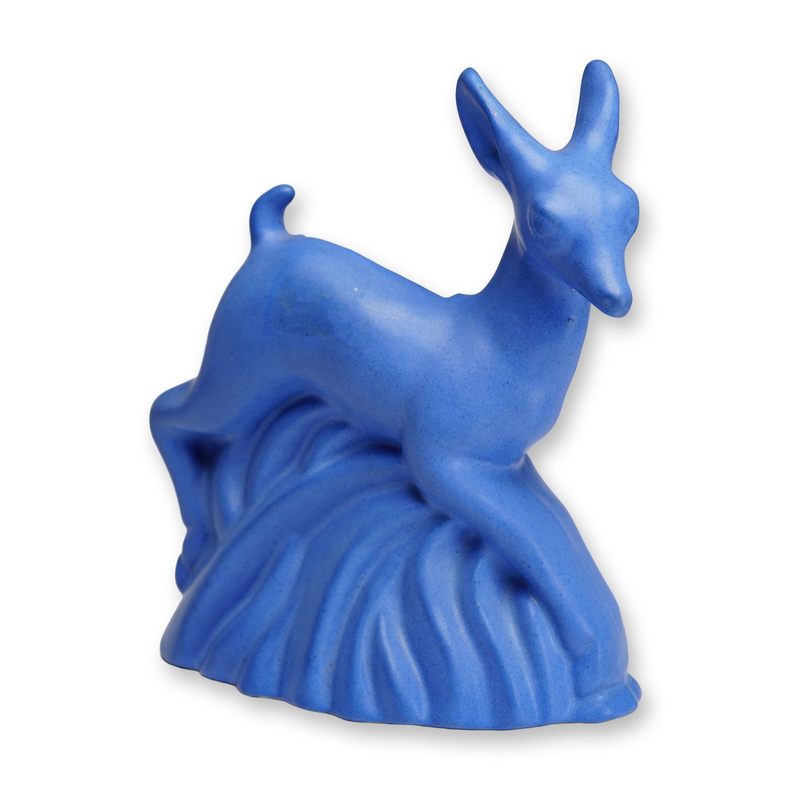Niloak, Art Deco Ozark Blue Deer Planter: An Art Deco-style ceramic planter produced by Niloak Pottery, featuring a stylized leaping deer or fawn set against flame-like tall grass. This piece is part of the factory's Hywood line and is finish
