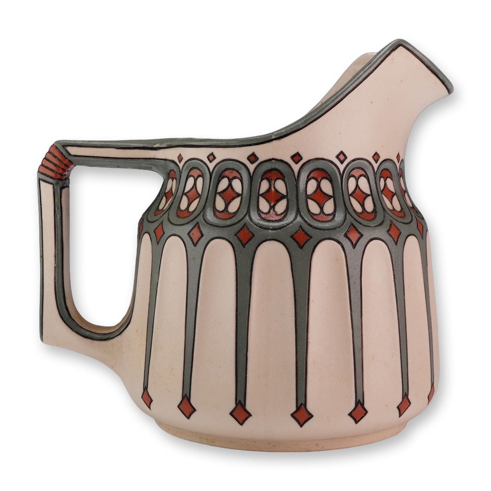 Villeroy and Boch Mettlach Jugendstil Etched Stoneware Pitcher Model 3322: This Villeroy and Boch Mettlach stoneware pitcher features a geometric Jugendstil design. The vessel is decorated in the etched or chromolith style, with incised lines filled with dark green-gray and 
