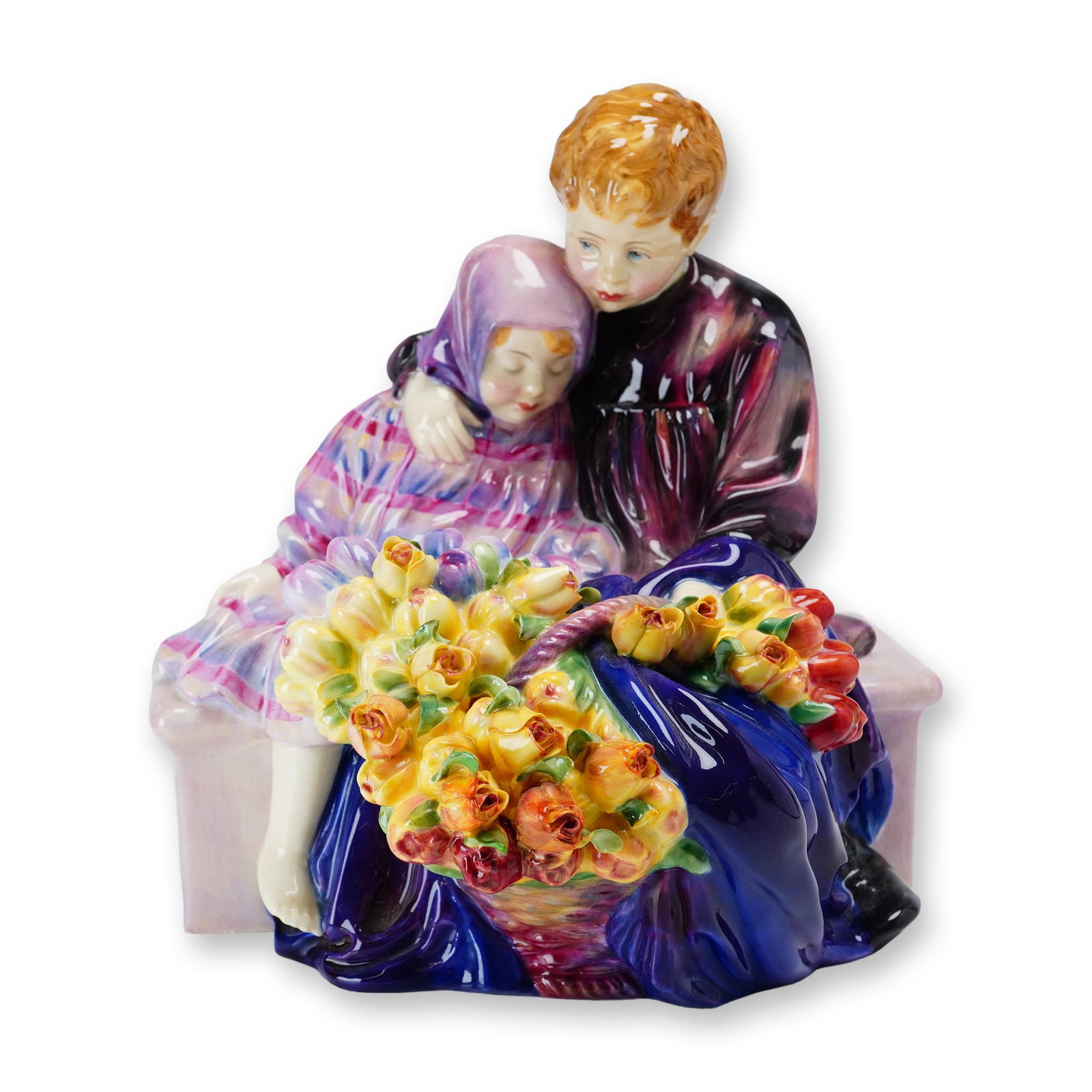 Royal Doulton Porcelain Figurine, The Flower Seller's Children HN1406: Hand-decorated and hand-painted in pink and purple tones, featuring a basket filled with yellow, red, and pink flowers. Sculpted floral in a large basket. Royal Doulton backstamp. Artist: Leslie Harra