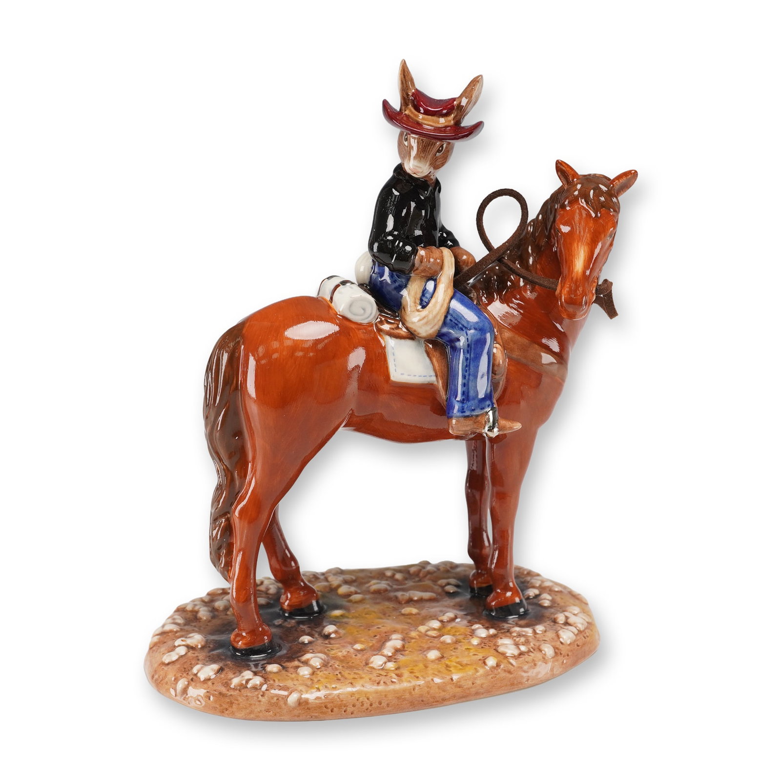 Royal Doulton Bunnykins Prototype Colorway Figurine, Jackaroo: Hand-painted ceramic figure depicting a Bunnykins character dressed as a jackaroo seated on a horse. This prototype version features coloration inspired by Australia's native Brumby horse, characteriz