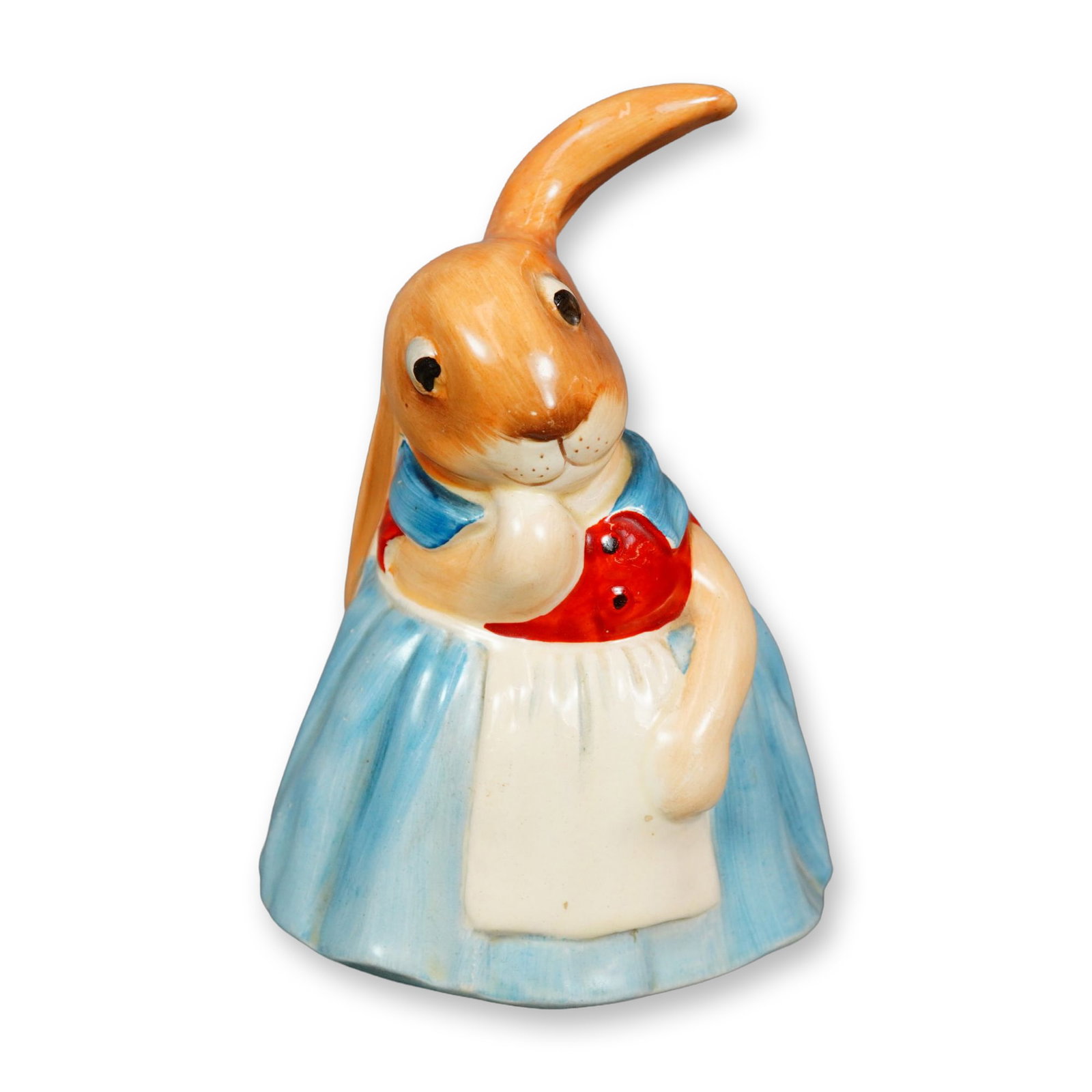 Royal Doulton Bunnykins Figurine, Mary Bunnykin DB473: Hand painted figure of a brown bunny in a blue and red dress with a white apron. Royal Doulton and Bunnykins figurine. Dimensions: 4"L x 3.75"W x 5.5"H Manufacturer or Brand: Royal Doulton Country of 