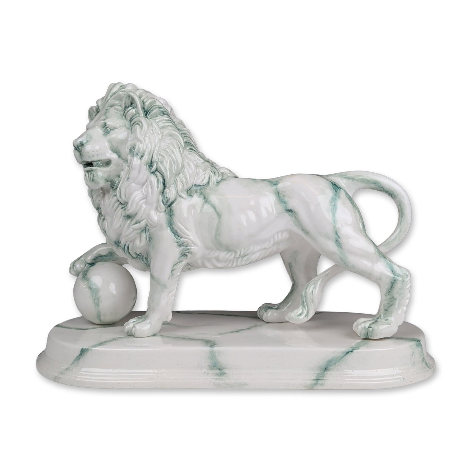Royal Doulton Prototype Chinese Jade Porcelain Figurine, The Lion's Mound HN5747: Inspired by the iconic Lion's Mound monument commemorating the Battle of Waterloo, this Royal Doulton figure depicts a lion in a stately walking pose with its right forepaw resting atop a sphere. The 