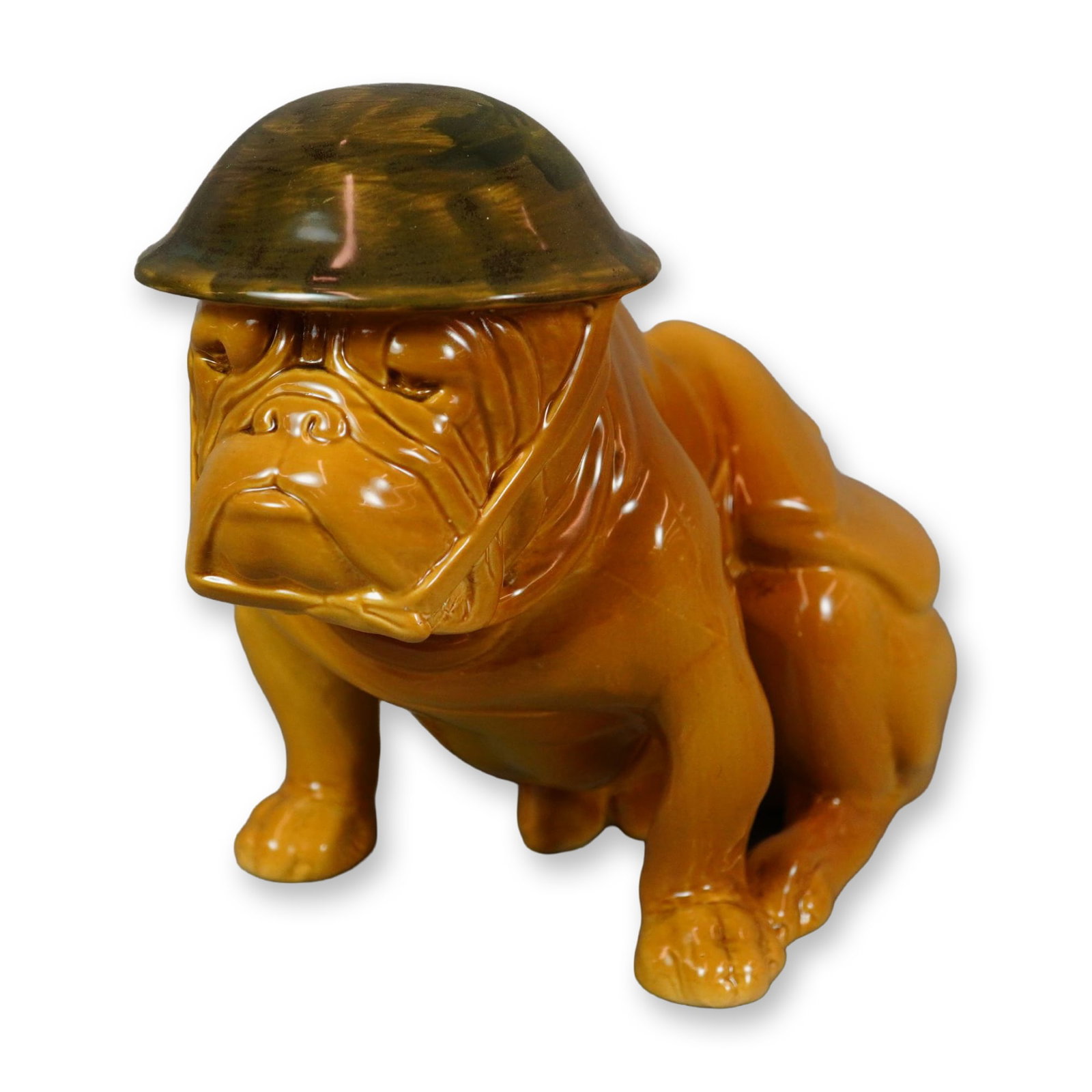 Royal Doulton Porcelain Large Figurine, Bulldog Old Bill HN146: Large porcelain figure of a bulldog modeled wearing a military helmet and haversack, inspired by a character created by Captain Charles Bruce Bairnsfather, the noted British cartoonist and humorist of