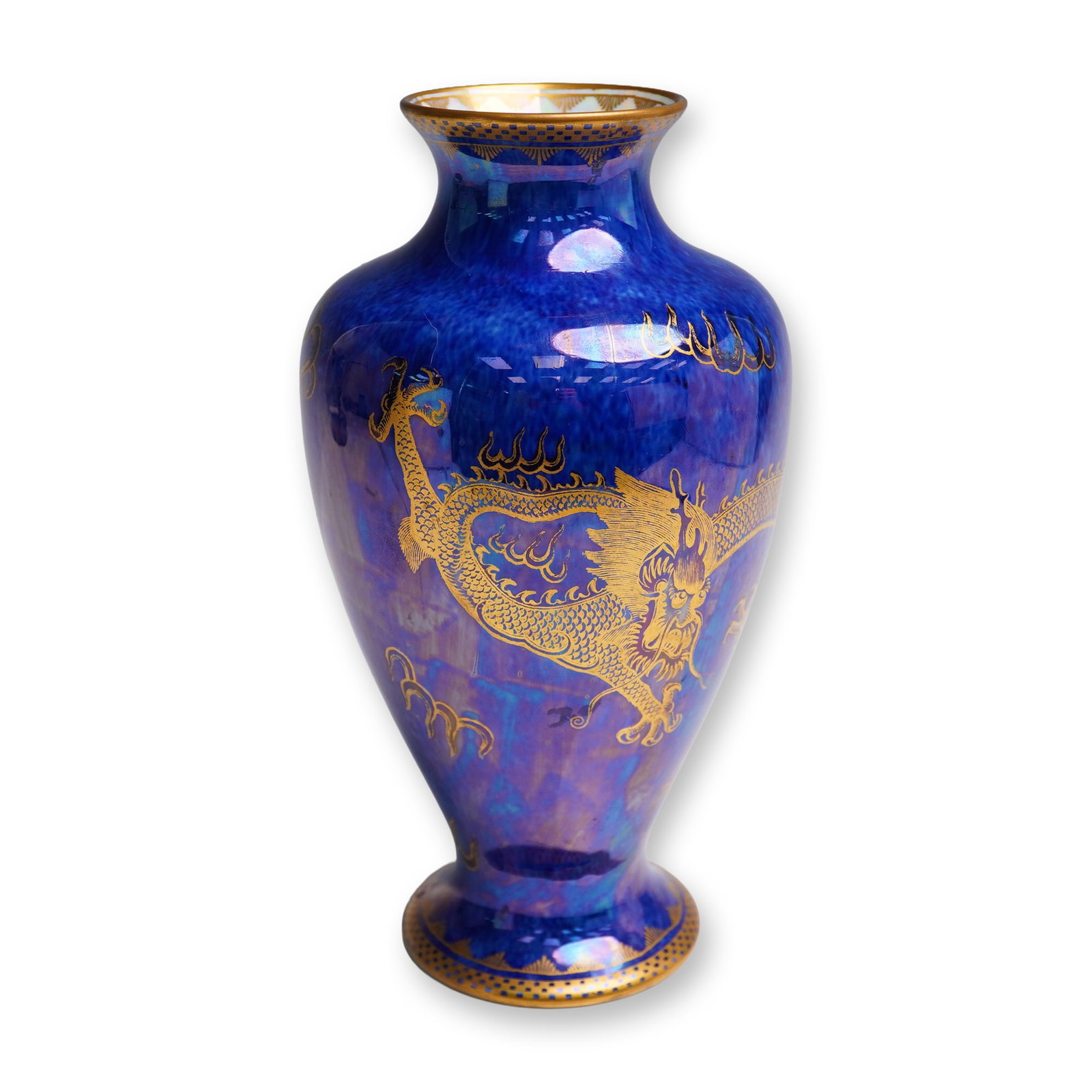 Wedgwood Fairyland Lustre Vase, Celestial Dragon Z4829: This piece exhibits the distinctive opulence of Wedgwood's lustreware line, designed under the artistic direction of Daisy Makeig-Jones. The vase features a tall baluster form with a gently flared lip