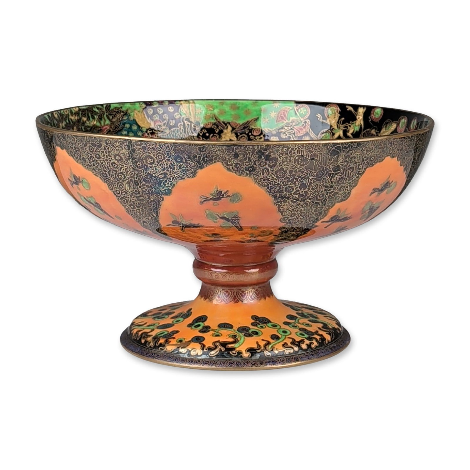 Wedgwood Flame Fairyland Lustre Chalice Bowl, Fairy Gondola Z5360: Designed by Daisy Makeig-Jones. The interior features a fantastical landscape, depicting fairies, bridges, and winding rivers in shades of green, blue, purple, and gold. A circular medallion at the ce