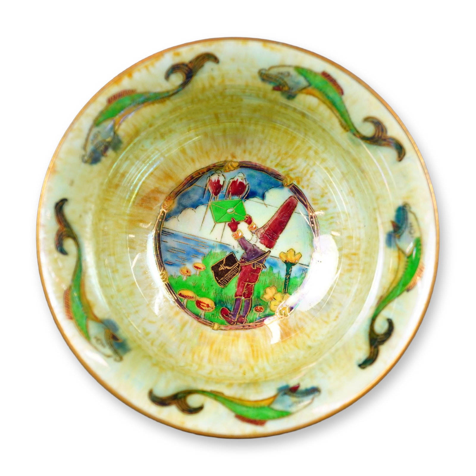 Wedgwood Fairyland Lustre York Cup, Firblogs and Thumbelina Z5200: Designed by Daisy Makeig-Jones. The exterior of the cup features a ruby lustre finish with the 'Firblogs I' pattern, depicting figures rendered in black with green eye detailing outlined in gold. The 