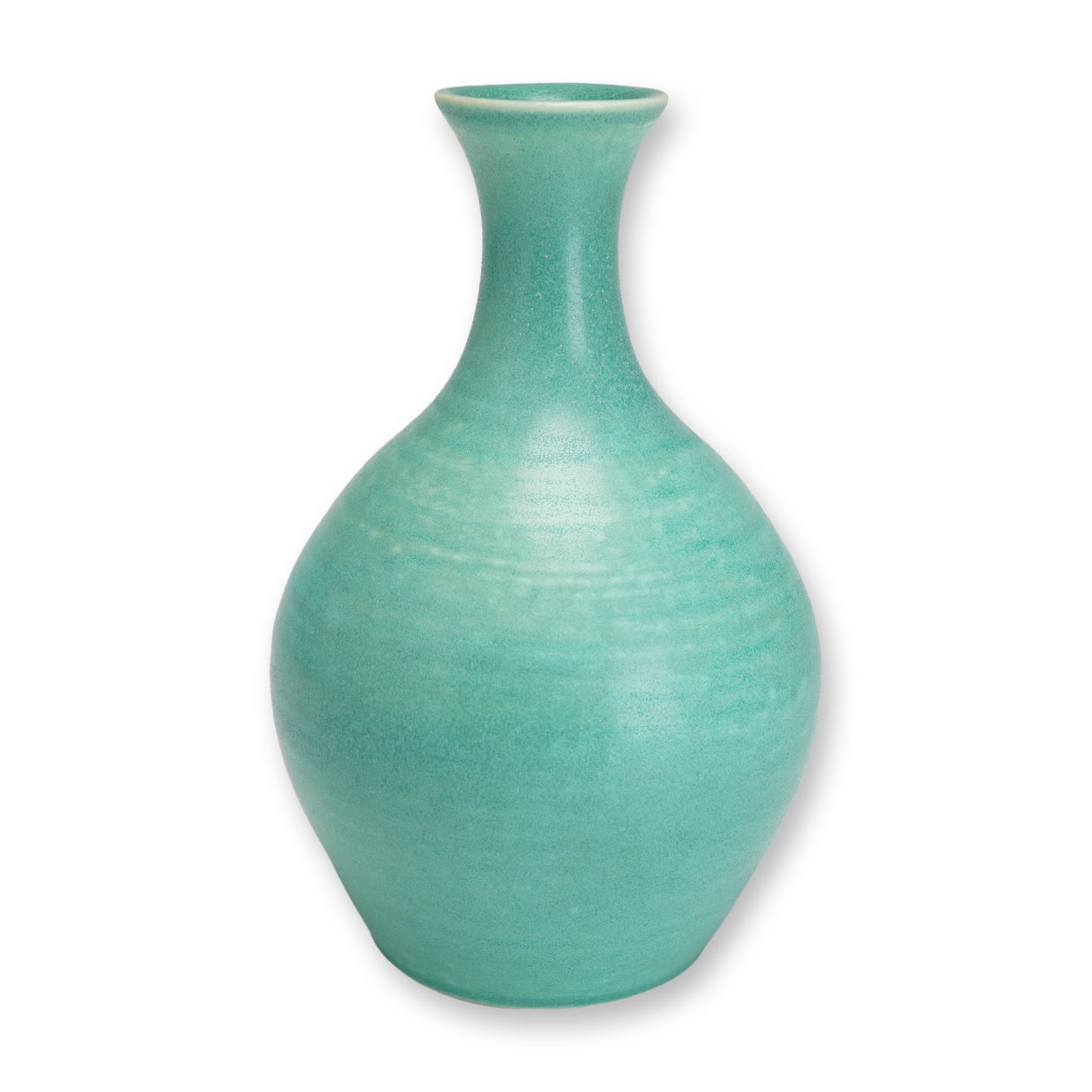Wedgwood Matte Turquoise Glazed Bud Vase: This bulbous, bottle-form bud vase was designed by Keith Murray for the renowned British pottery firm Wedgwood. Crafted from earthenware, the vessel features a tapering neck that concludes in a flared
