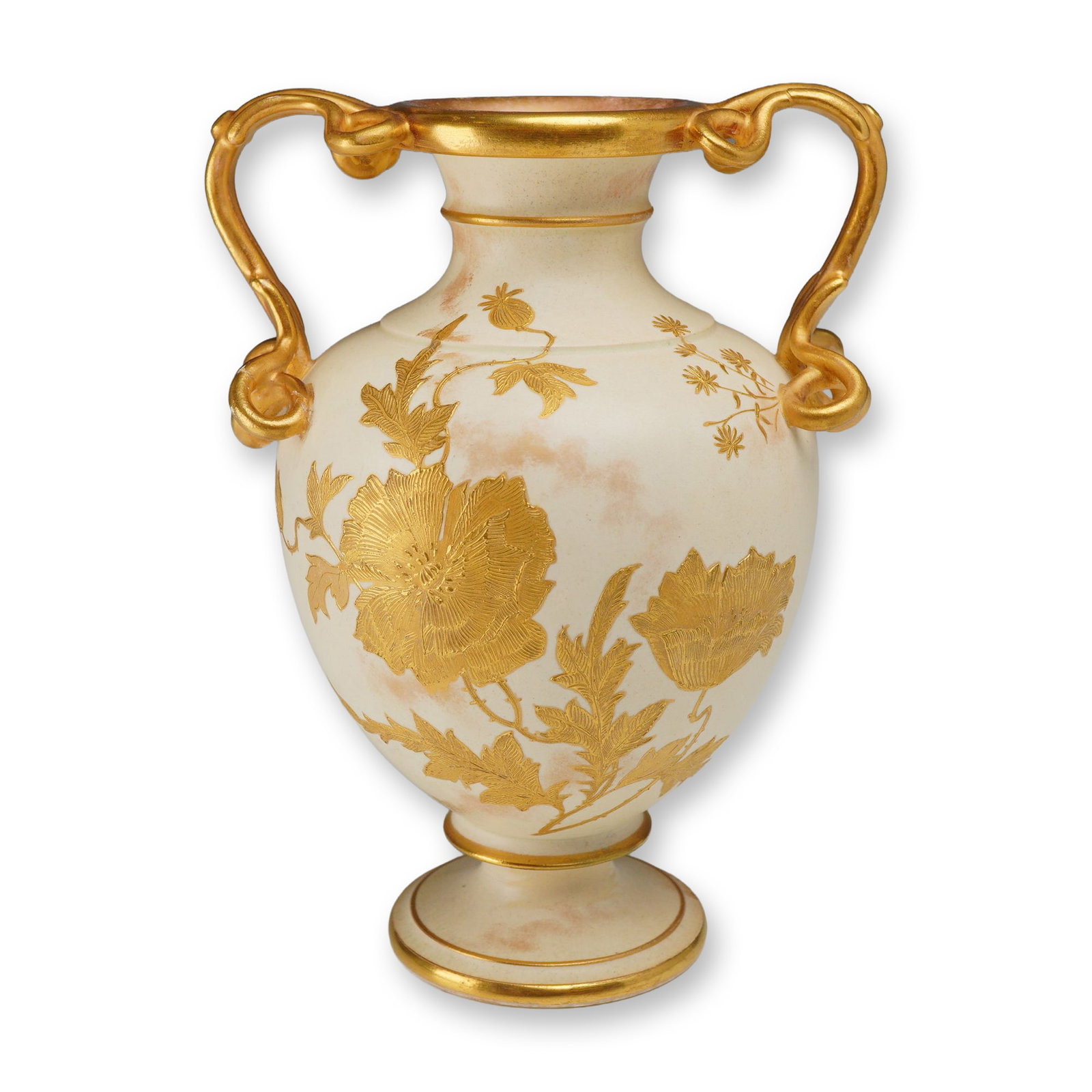 Wedgwood Ivory Vellum Porcelain Vase with Gilded Poppies: A late 19th-century Wedgwood Ivory Vellum porcelain vase featuring a double-handled ovoid body, waisted neck, and circular pedestal foot. The vessel is crafted from fine ivory-toned bone china and