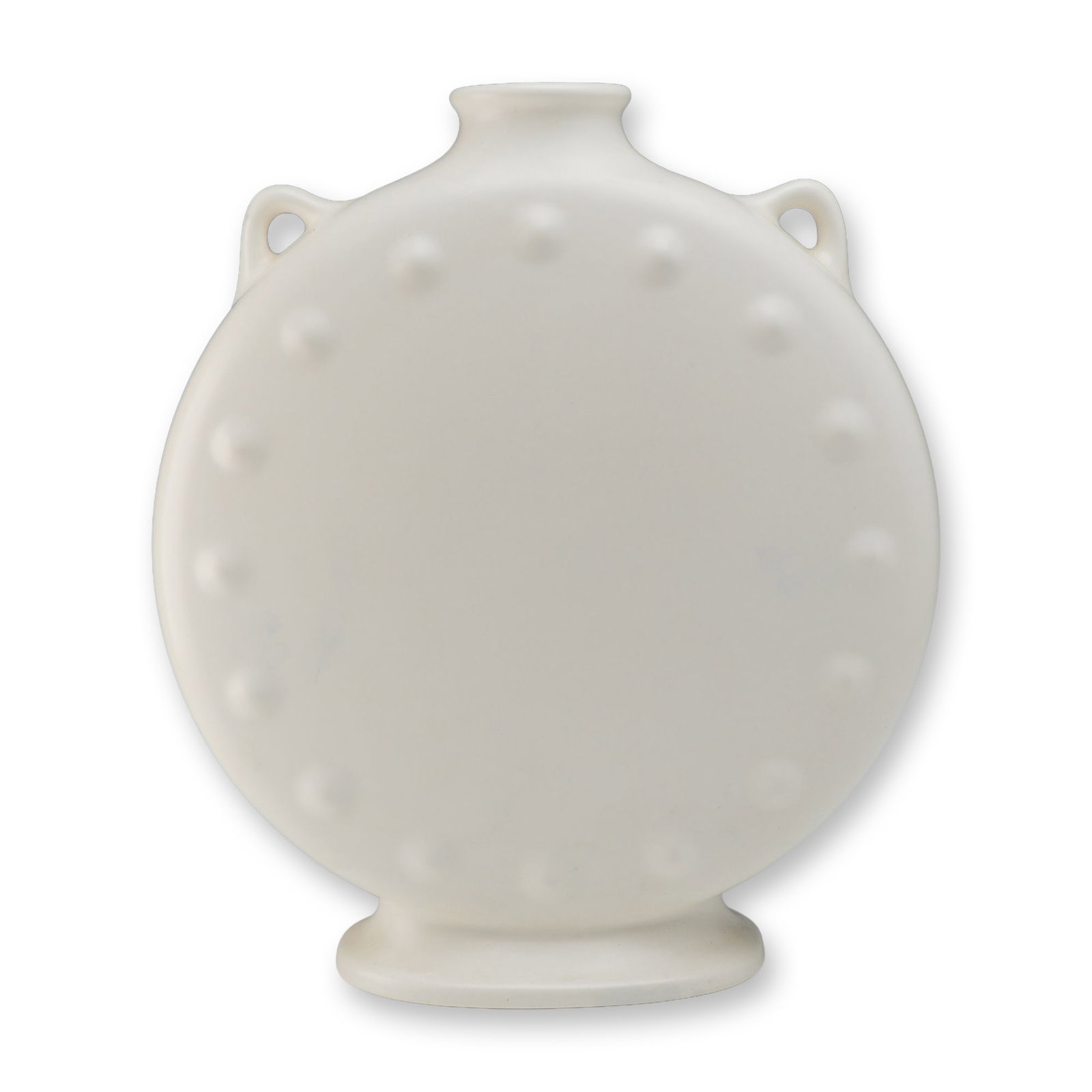 Wedgwood Moonstone Glaze Studded Pilgrim Flask Vase: A Wedgwood earthenware pilgrim flask or canteen-form vase featuring a flattened circular body with twin loop handles at the shoulders. The vessel is coated in a uniform matte white Moonstone glaze.