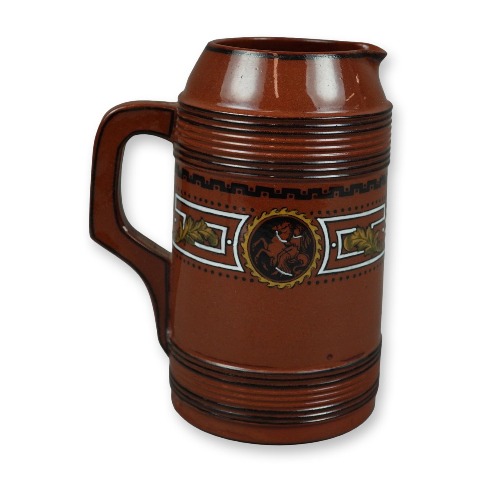 Wedgwood Rosso Antico Neo-Grec Enameled Terra Cotta Jug, Dated 1875: A Wedgwood Rosso Antico terra cotta jug in the Neo-Grec style. The cylindrical vessel features engine-turned horizontal ribbing at the shoulder and base, a pinched pouring spout, and a square-angled l