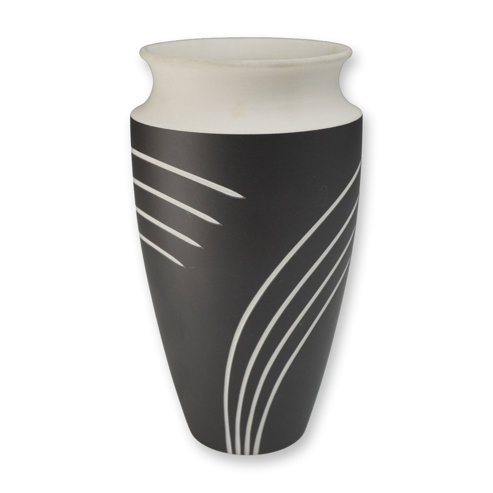 Wedgwood Jasperware Black and White Vase: This Wedgwood ceramic vase features a tapering ovoid form with a flared rim. The piece is crafted in black and white jasperware, featuring a matte black basalt body with a contrasting matte white inte
