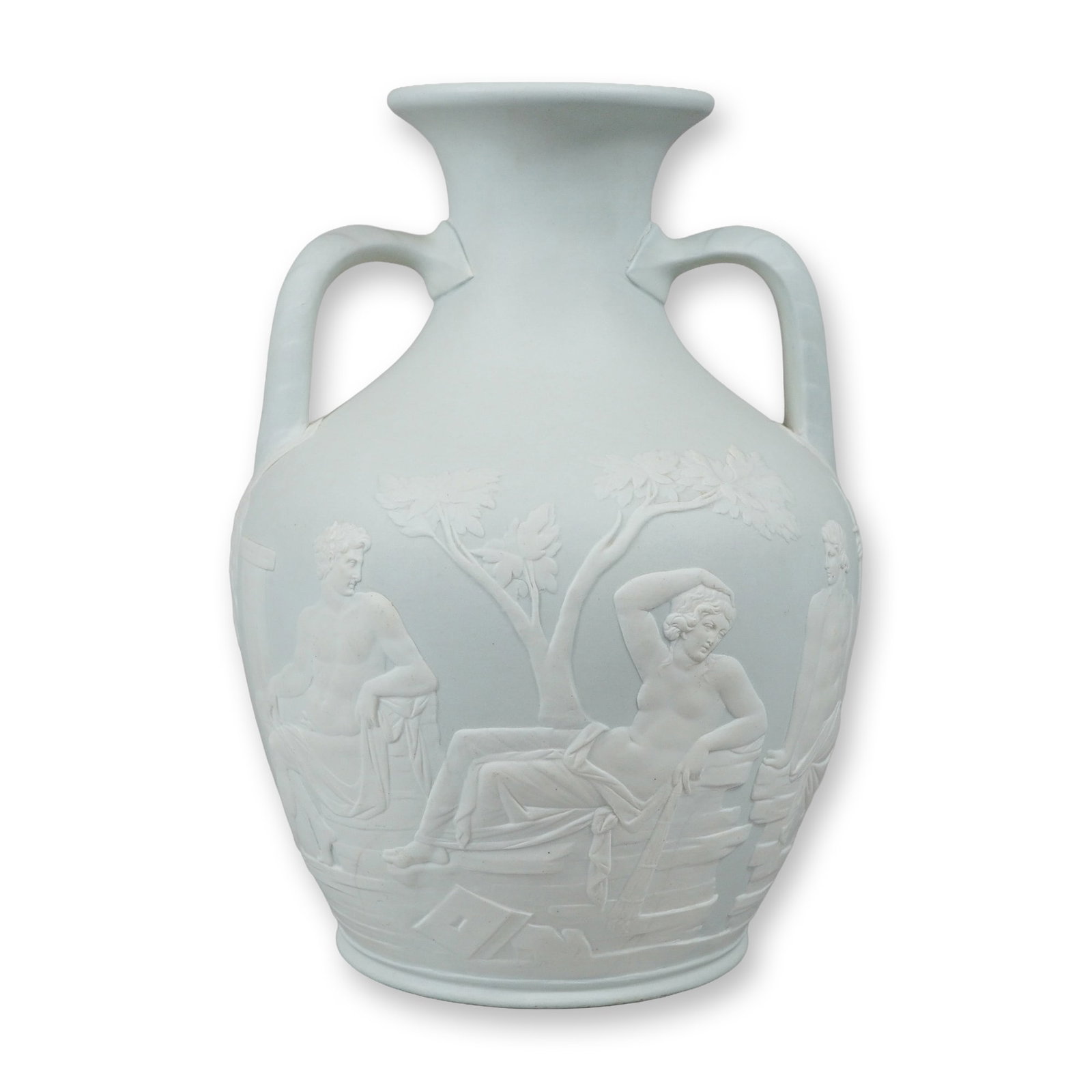 Wedgwood Pale Blue Jasperware Portland Vase: A Wedgwood pale blue jasperware Portland Vase, produced in 1888. This ceramic replica follows the form of the famous 1st-century Roman cameo glass original. The piece is crafted from jasperware, a typ