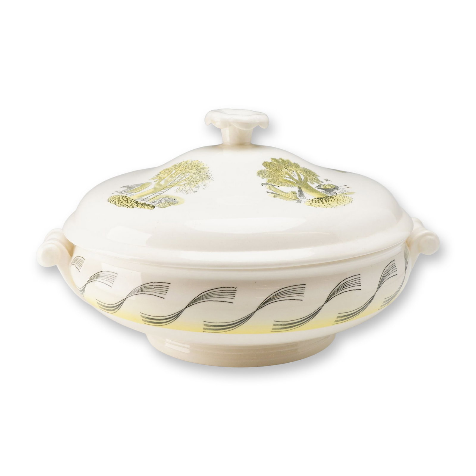 Eric Ravilious for Wedgwood Garden Pattern Queensware Lidded Vegetable Tureen, circa 1950: A circular cream-colored earthenware Queensware vegetable tureen with a domed lid, designed by Eric Ravilious for Wedgwood in the Garden pattern. The lid is surmounted by a flower-form finial and feat