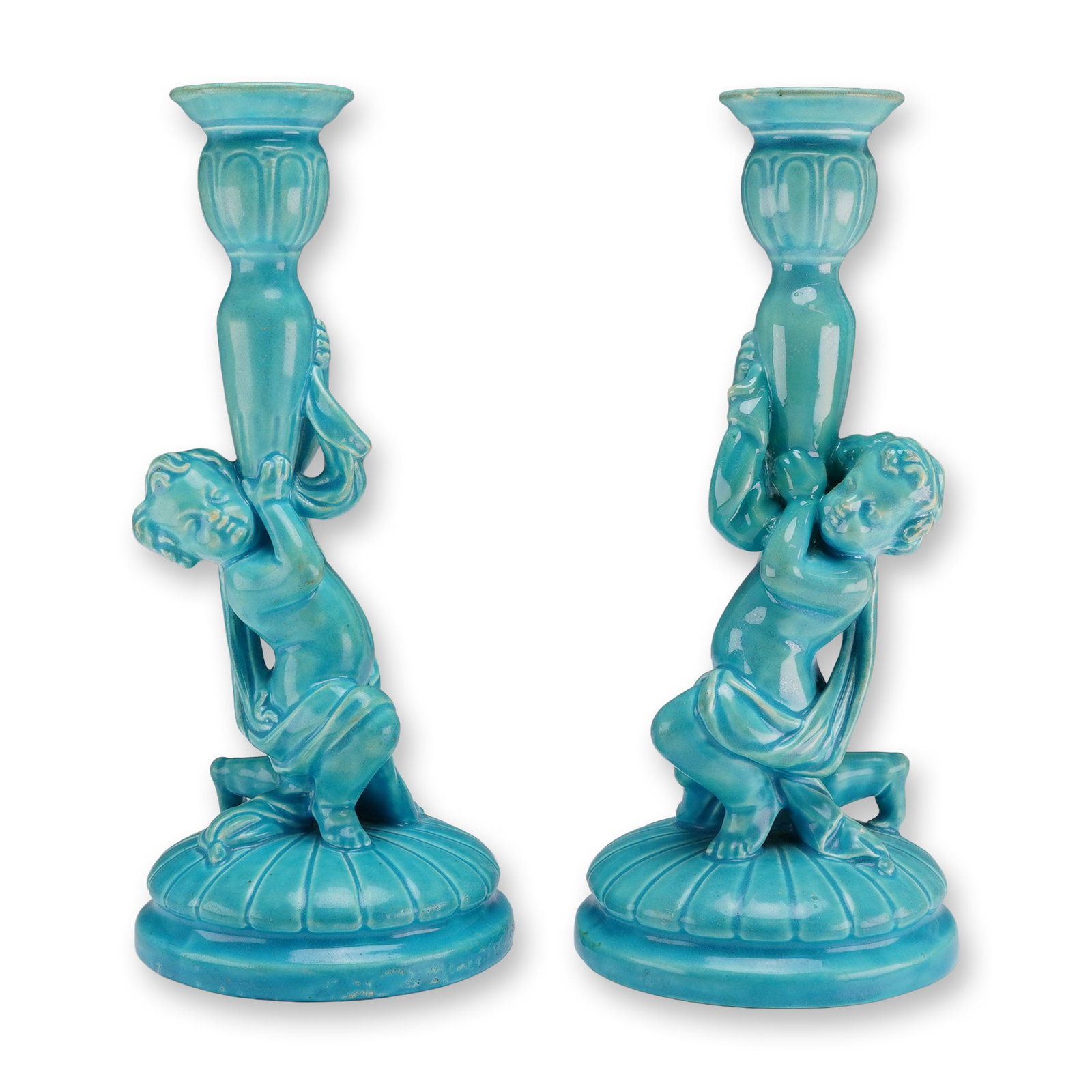 A Pair of Wedgwood Turquoise Glazed Pearlware Cherub Candlesticks (1 of 3)