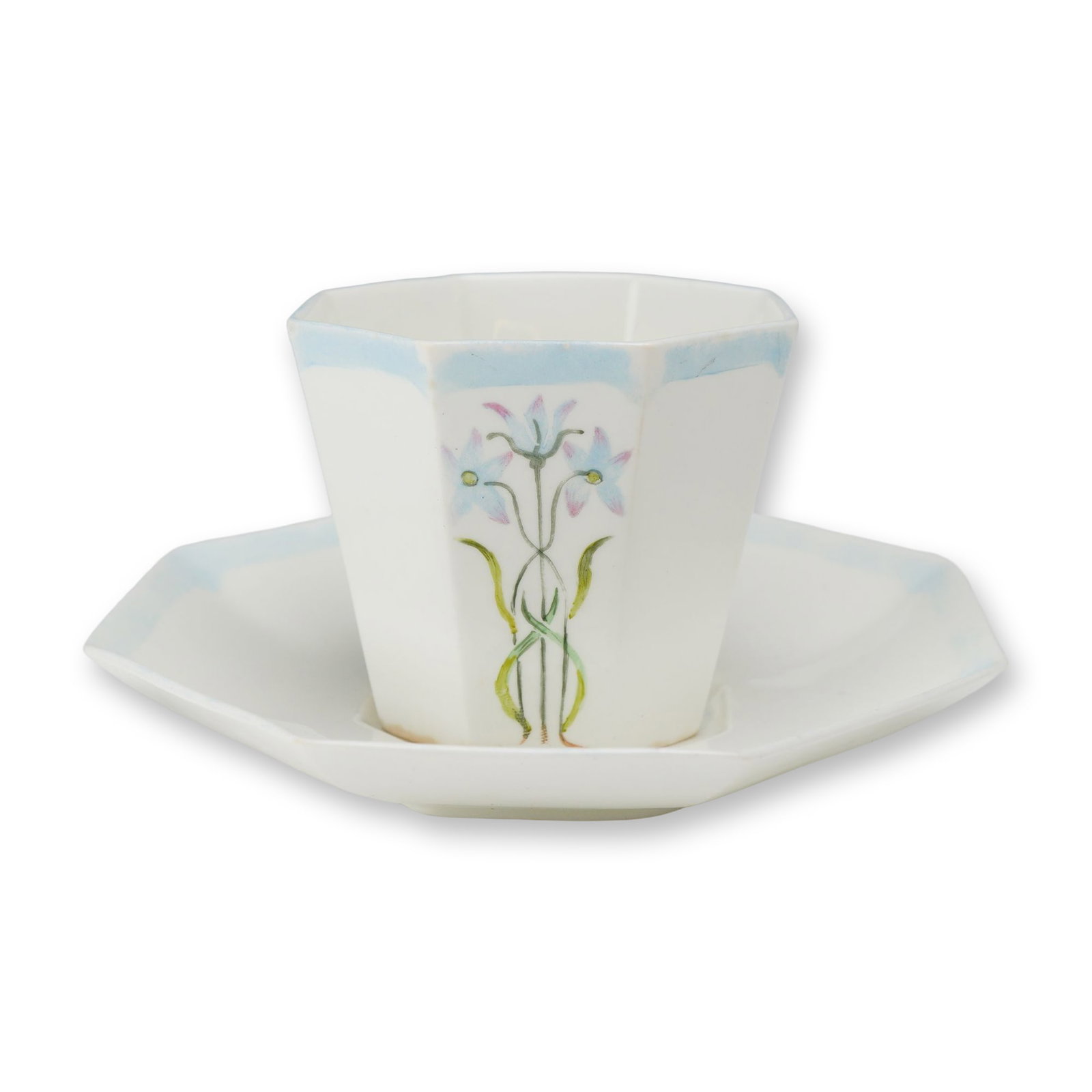 2pc Wedgwood Bone China Octagonal Cup and Saucer Hand Painted by Maida Wright, ca. 1910: This lot consists of a bone china cup and saucer of octagonal faceted form, manufactured by Wedgwood and hand-decorated by the South Australian artist Maida Wright. The pieces feature stylized floral 