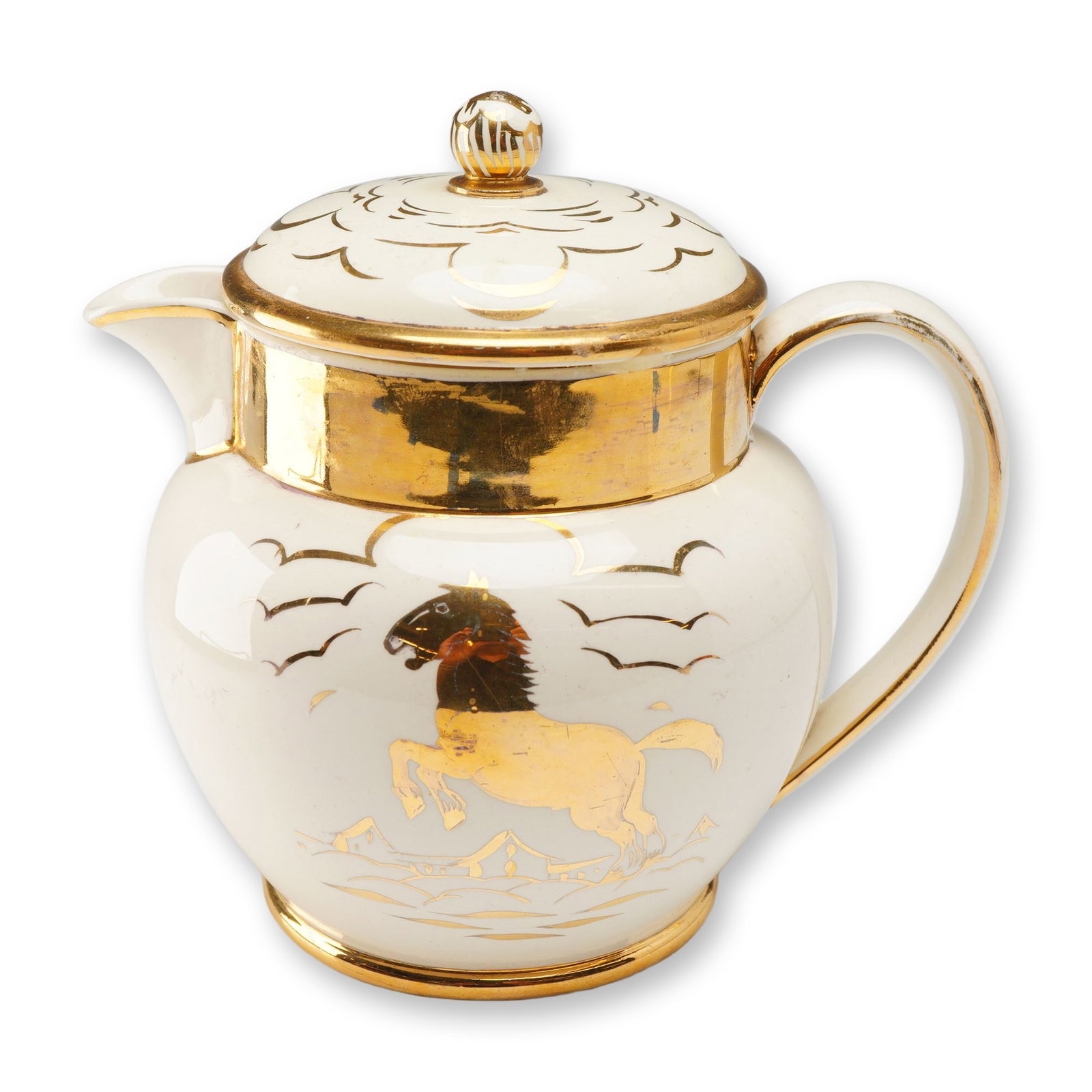 Wedgwood Creamware Lidded Jug with Hand-Painted Decoration by Alfred Powell: This piece is a Wedgwood creamware jug with a matching lid, featuring hand-painted decoration by artist Alfred Powell. Dating from approximately 1910 to 1940, the vessel is constructed from cream-colo