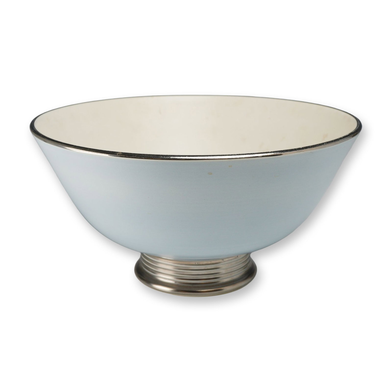 Keith Murray for Wedgwood Art Deco Silver Gray and Moonstone Pedestal Bowl: A Keith Murray designed pedestal bowl for Wedgwood, of flared conical form. The earthenware body features a matte Silver Gray glaze on the exterior and a contrasting cream-colored Moonstone matte glaz