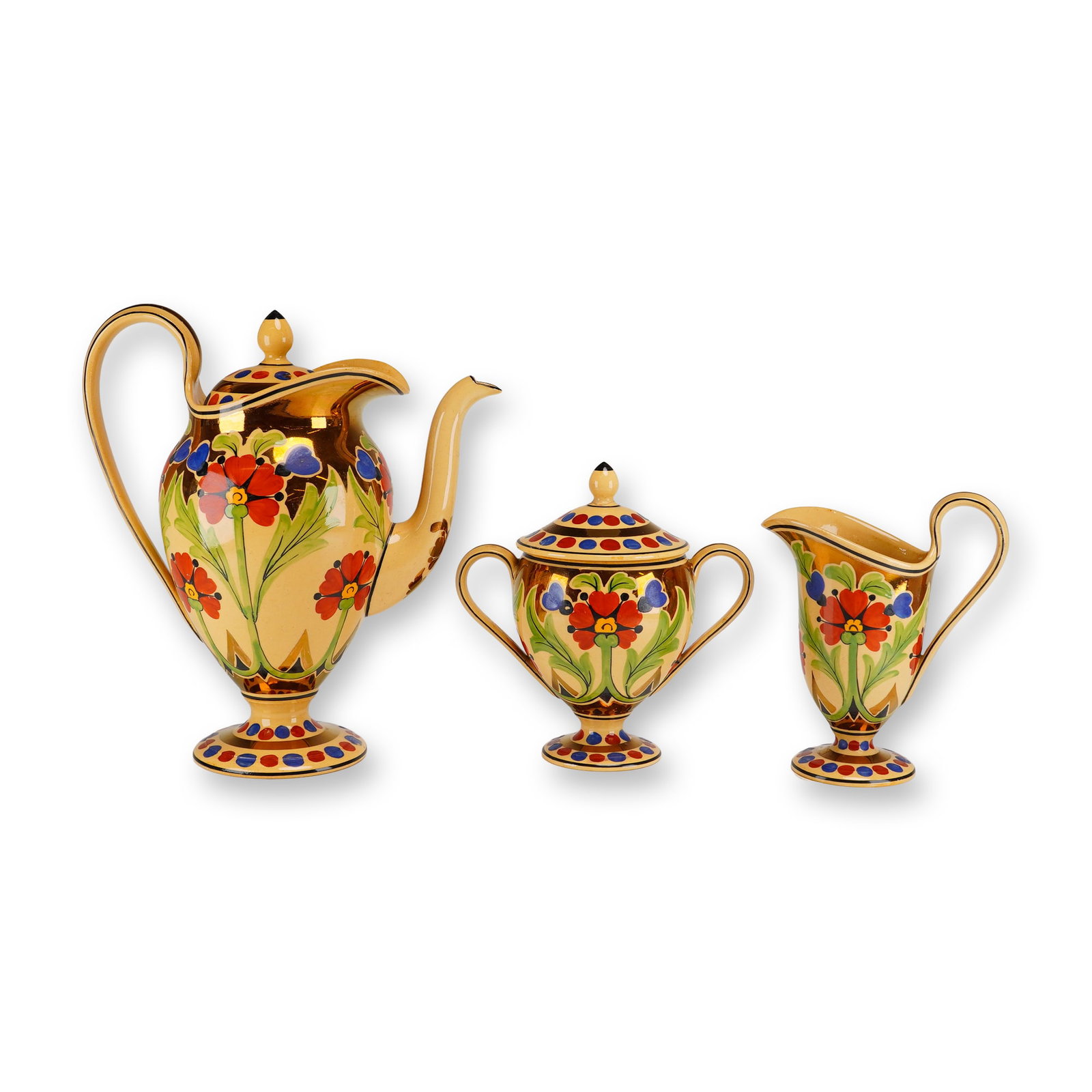 3pc Wedgwood Millicent Taplin Hand-Painted Caneware Tea Set: This three-piece Wedgwood earthenware set was hand-painted by Millicent Taplin, dating to the Art Deco period between 1925 and 1930. The set features a tall teapot with a fitted lid, a double-handled 