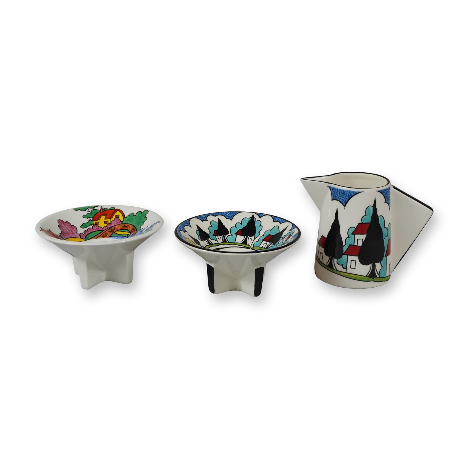 3pc Wedgwood Bizarre by Clarice Cliff Creamer and Footed Bowls, May Avenue and Orange Roof Cottage (1 of 3)