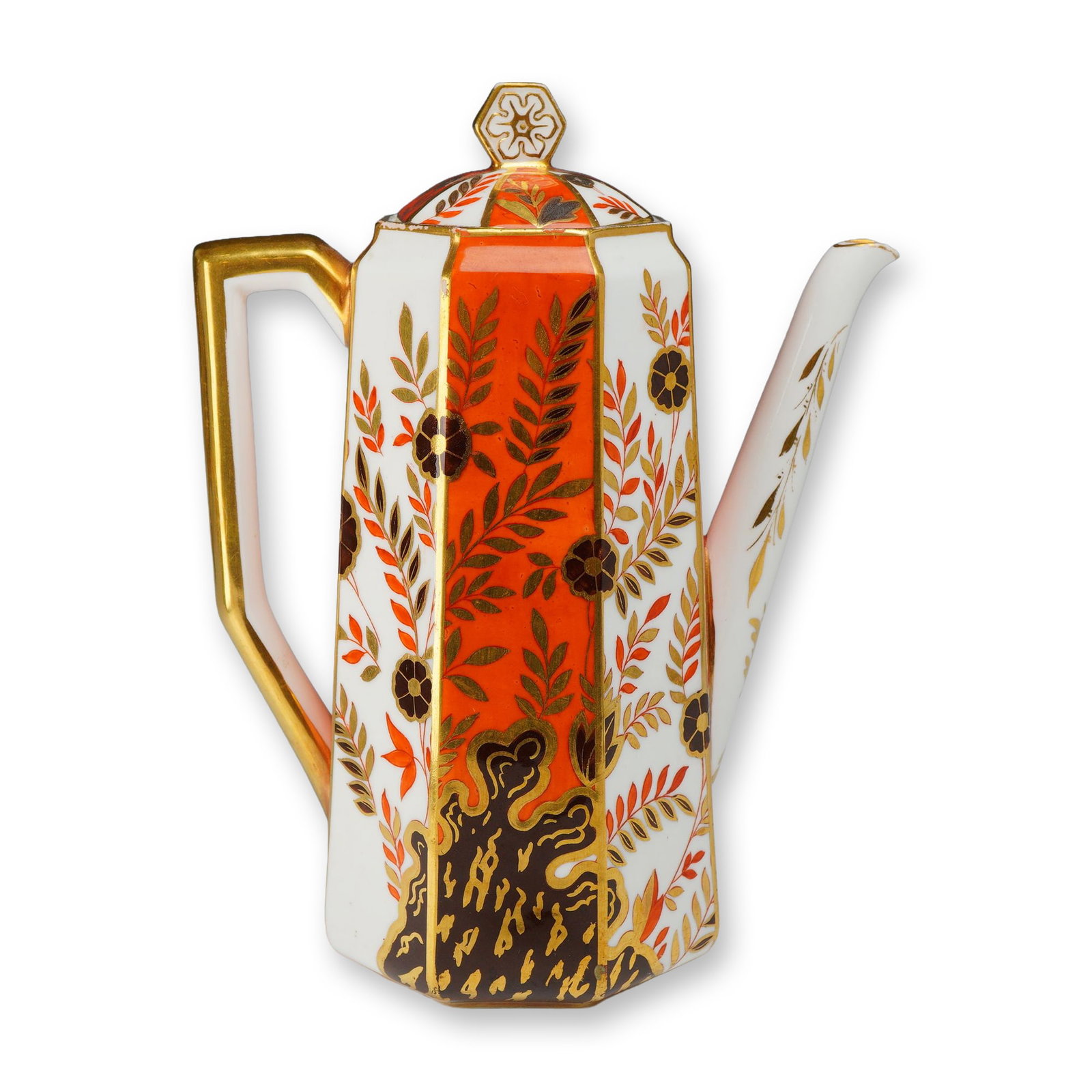 Wedgwood Octagonal Imari Pattern Porcelain Coffee Pot: A Victorian-era Wedgwood bone china coffee pot of octagonal form, decorated in a Japanesque Imari style pattern. The vessel features a tall, slender eight-sided body with a tapered spout and a geometr