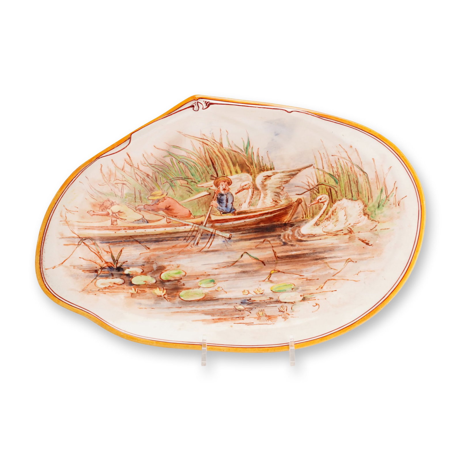 Wedgwood Hand Painted Ceramic Platter by William Wagstaff: This late 19th-century Wedgwood earthenware platter features an irregular, shell-like form with a slightly raised rim. The center is decorated with a hand-painted humorous sporting scene titled Aquati