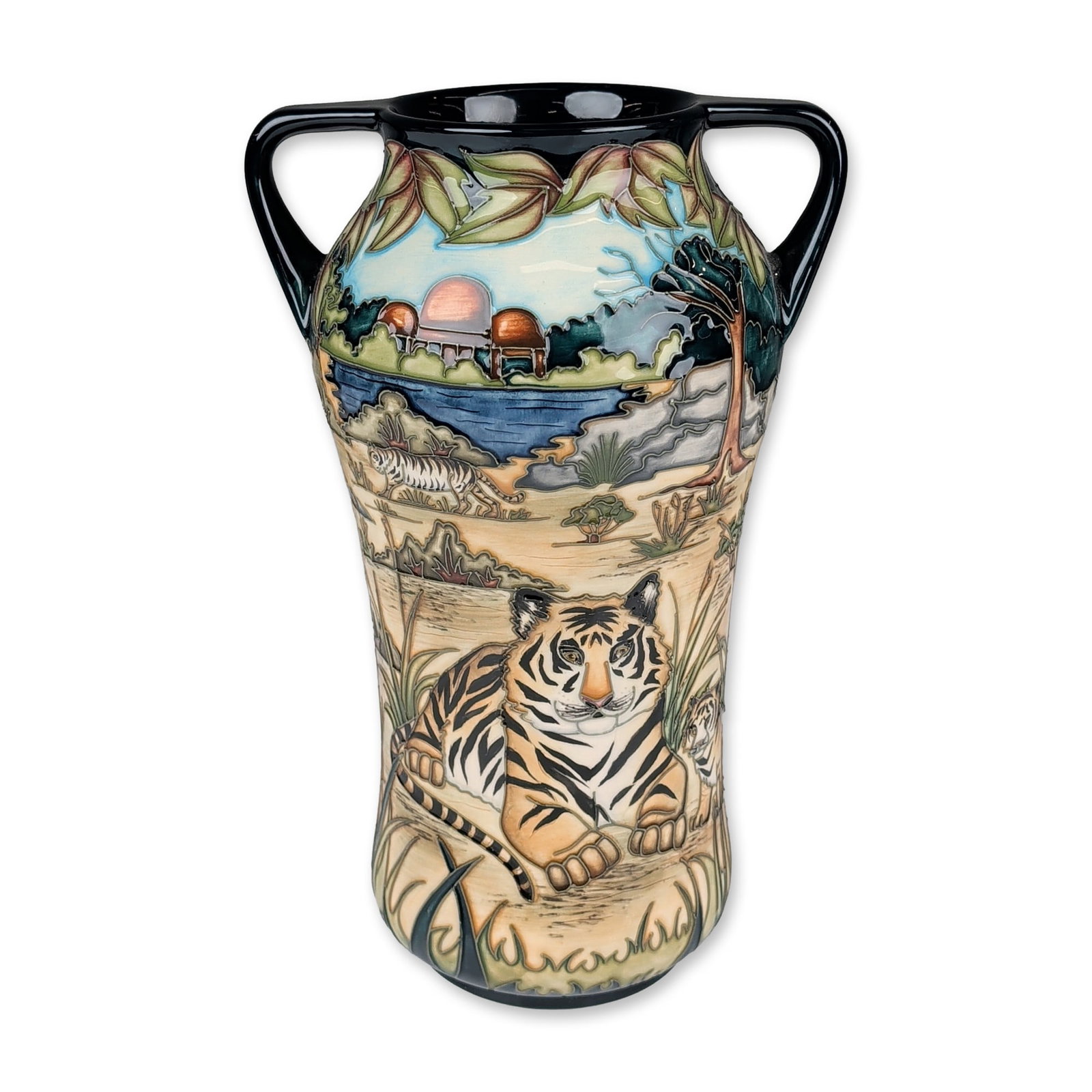Moorcroft Pottery by Sian Leeper Twin-Handle Vase, Wild Grace: Limited edition. Featuring a tube-lined and hand-painted jungle landscape with multiple tigers. The continuous scene includes architectural ruins and a body of water rendered in a palette of cream, oc