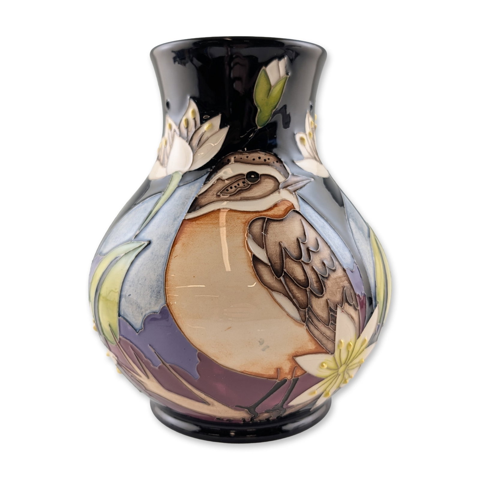 Moorcroft Vicky Lovatt Whinchat Pattern Earthenware Vase, Signed Limited Edition: Moorcroft Pottery. Earthenware vase in the Whinchat pattern, designed by Vicky Lovatt. The bulbous form features hand-applied tubelined decoration of whinchat birds perched among pale floral blooms an
