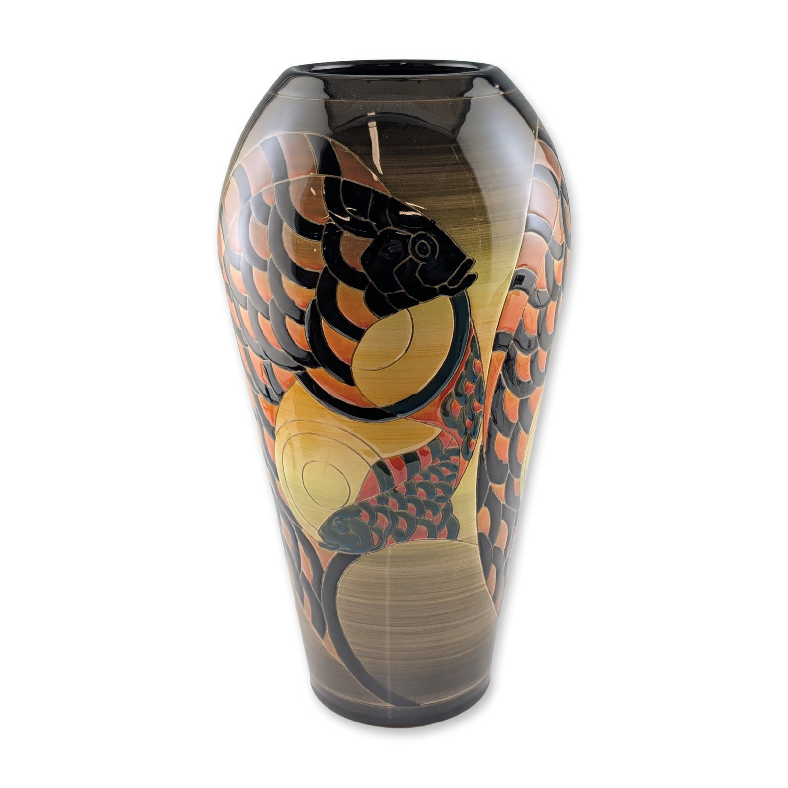Dennis Chinaworks by Sally Tuffin Carp Vase: The tapered earthenware form is decorated with a stylized carp design, featuring raised tube-lining defining scales and fins in orange, red, and black glazes. The motifs are set against a dark, horizo