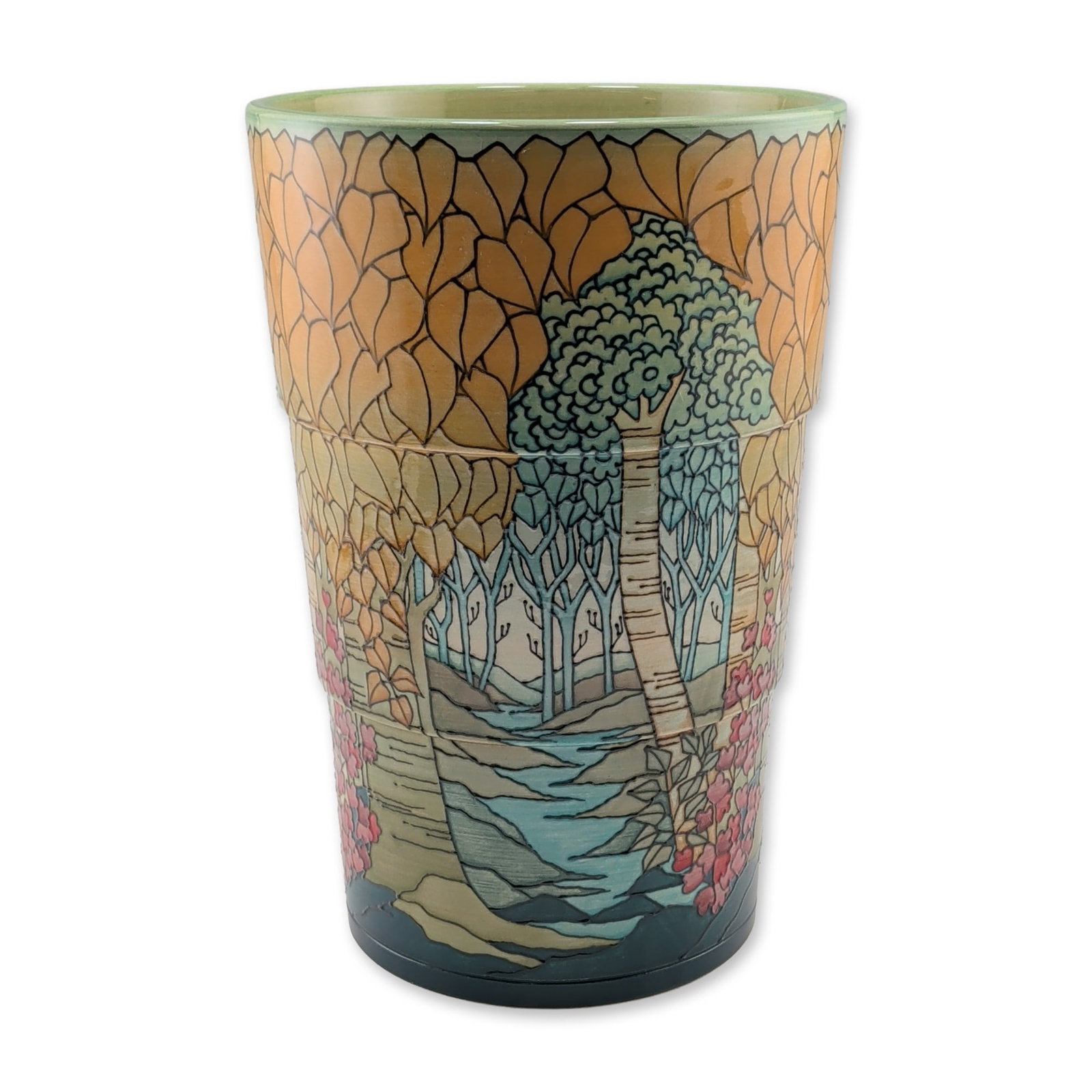 Dennis Chinaworks by Sally Tuffin Trees Sidestep Large Vase: The three-tiered cylindrical form, known as the Sidestep shape, features a continuous tubelined and hand-painted woodland landscape. The decoration utilizes a color palette suggestive of seasonal tran