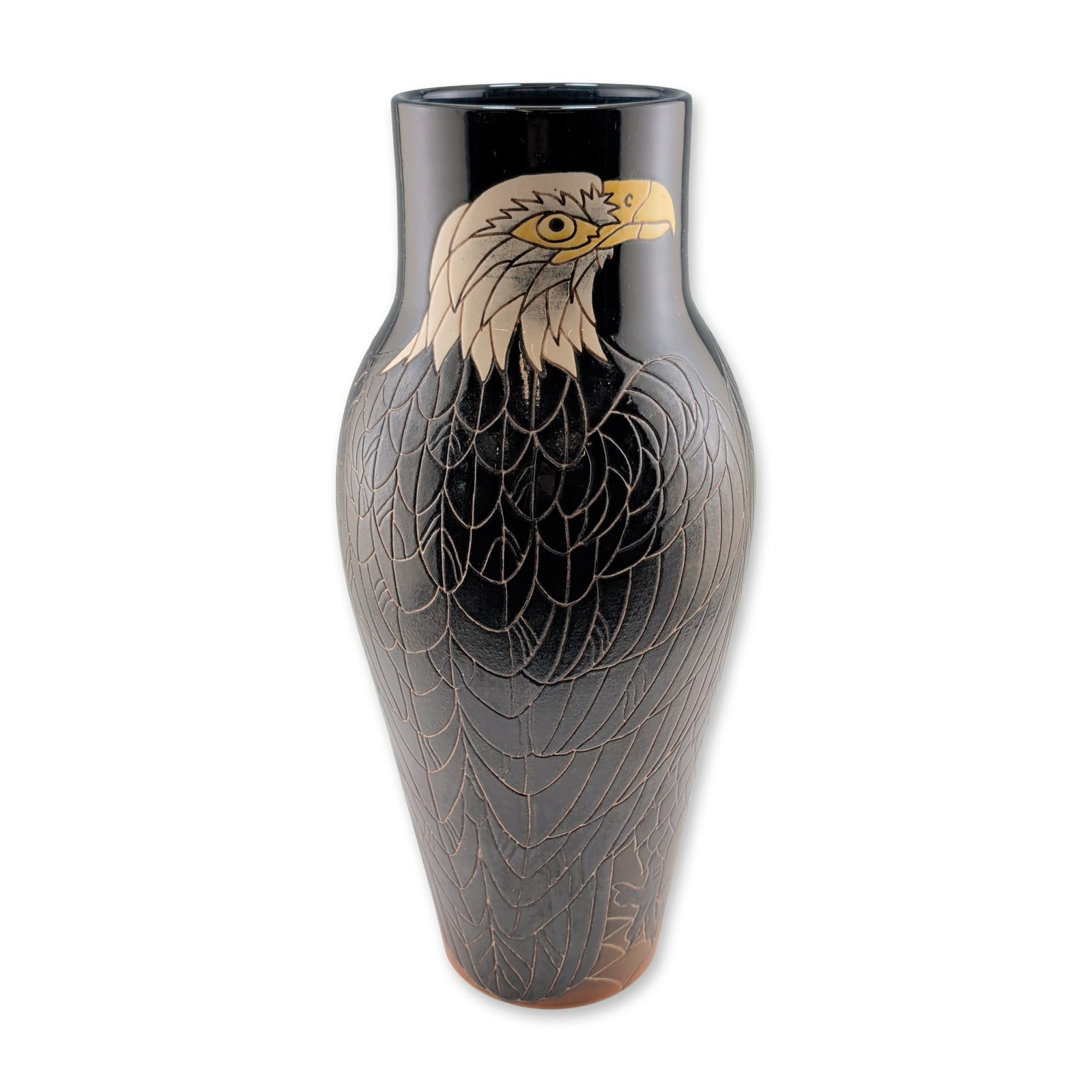 Dennis Chinaworks Trial Eagle Large Vase: Large shouldered earthenware vase with a tapered body and short neck, featuring a stylized American Bald Eagle design. The head is rendered in cream, yellow, and black glazes near the rim, while the b