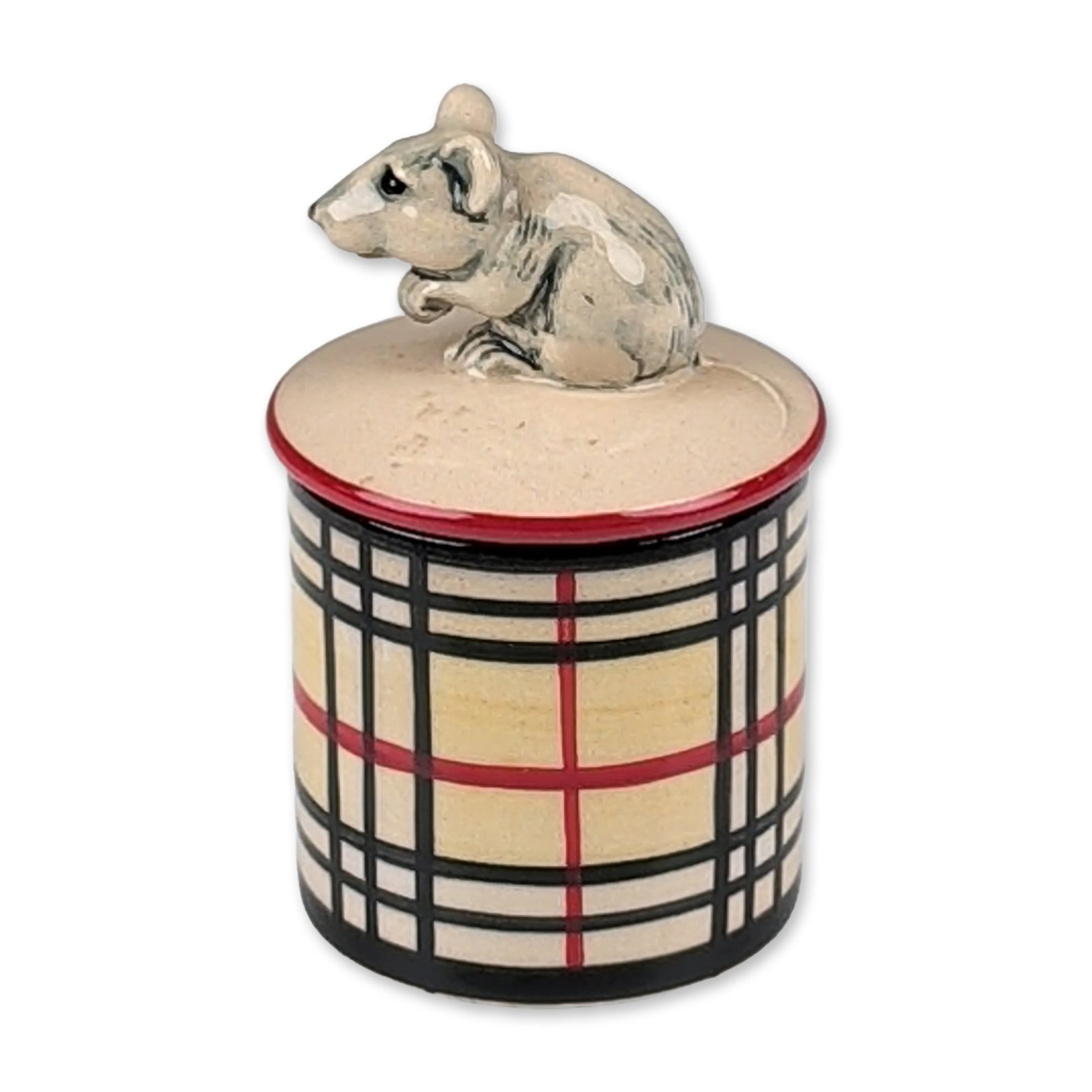 Dennis Chinaworks Pottery Miniature Mouse Lidded Box: Limited edition. A miniature cylindrical lidded box in glazed ceramic. The piece features a hand-modeled finial in the form of a crouching mouse. The body is decorated with a hand-painted tartan patte