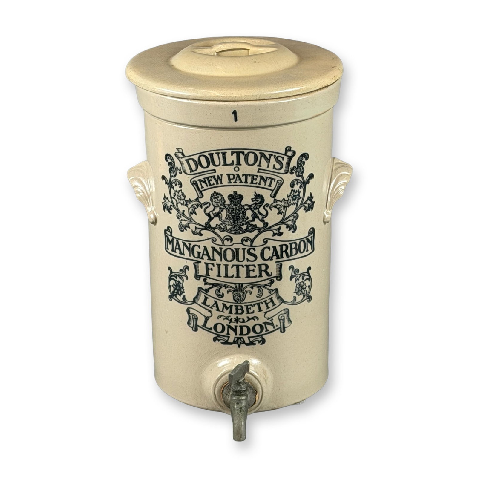 Doulton Lambeth New Patent Stoneware Manganous Carbon Filter with Lid: Original Doulton Lambeth filter with lid in a salt-glaze. Dimensions: 10.75"H x 9"W x 13.75"H Manufacturer or Brand: Royal Doulton Country of Origin: England Weight: 12 lbs. 10 oz