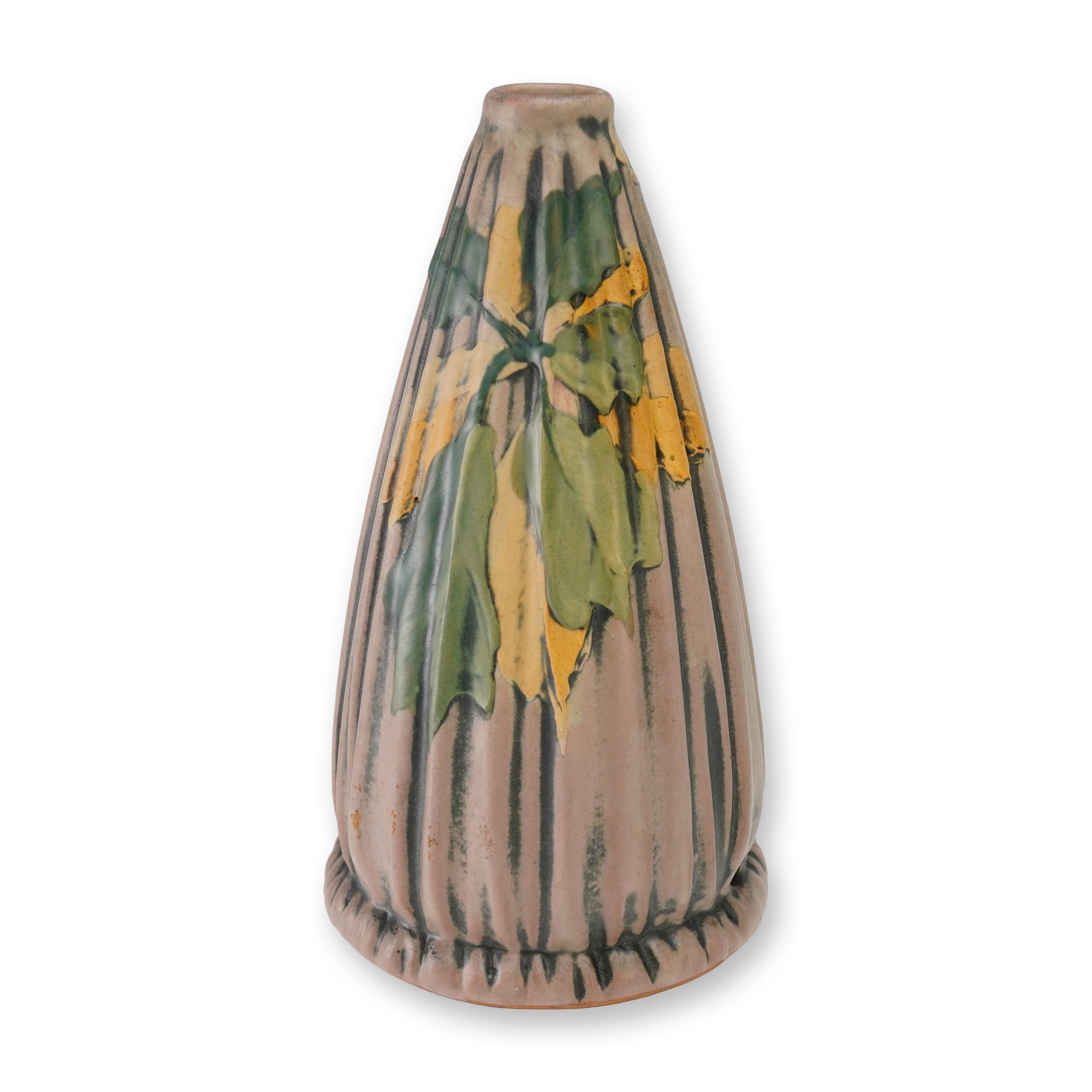 Weller Louella Ceramic Lamp Base with Oak Leaf Decoration: A tapered Art Nouveau ceramic lamp base featuring a vertically ribbed body and high-relief molded oak leaf decoration. The vessel is finished in a matte mauve glaze, with the leaves highlighted in sha