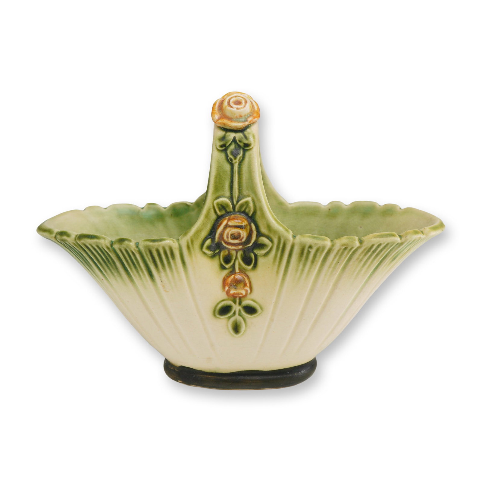 Weller Ware Pottery Floral Relief Basket, Florenza: Pottery basket featuring a molded, fluted body and a central handle. This ceramic piece is decorated with relief-molded rose blossoms in orange and yellow hues with green foliage trailing down the han