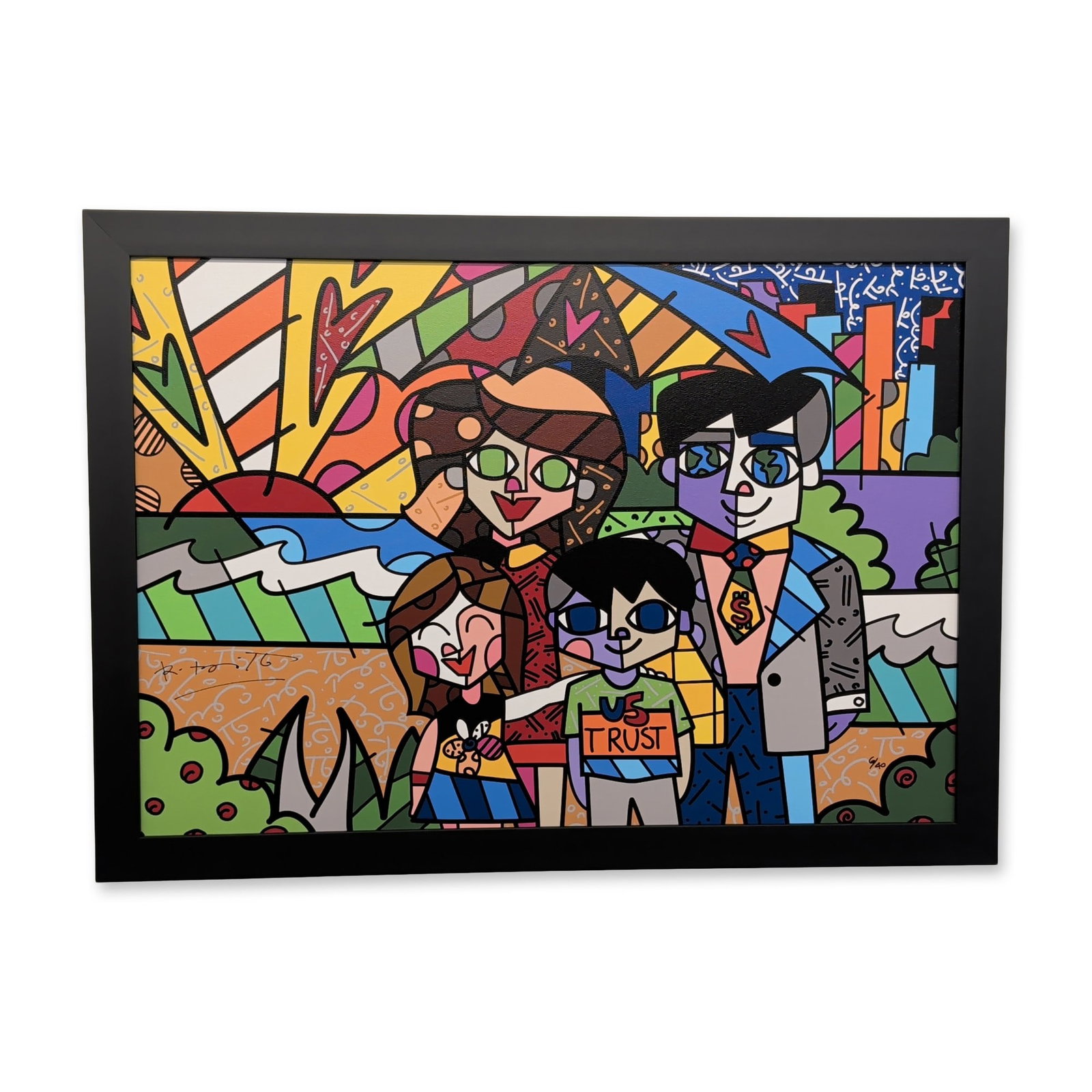 Romero Britto (Brazilian, b. 1963) Framed Giclee on Canvas, U.S. Trust: Executed in 2007 and numbered 6/40 from a limited edition of 40. The composition depicts a family of four in Romero Britto's signature Pop-Cubist style, set before a vivid background incorporating a s