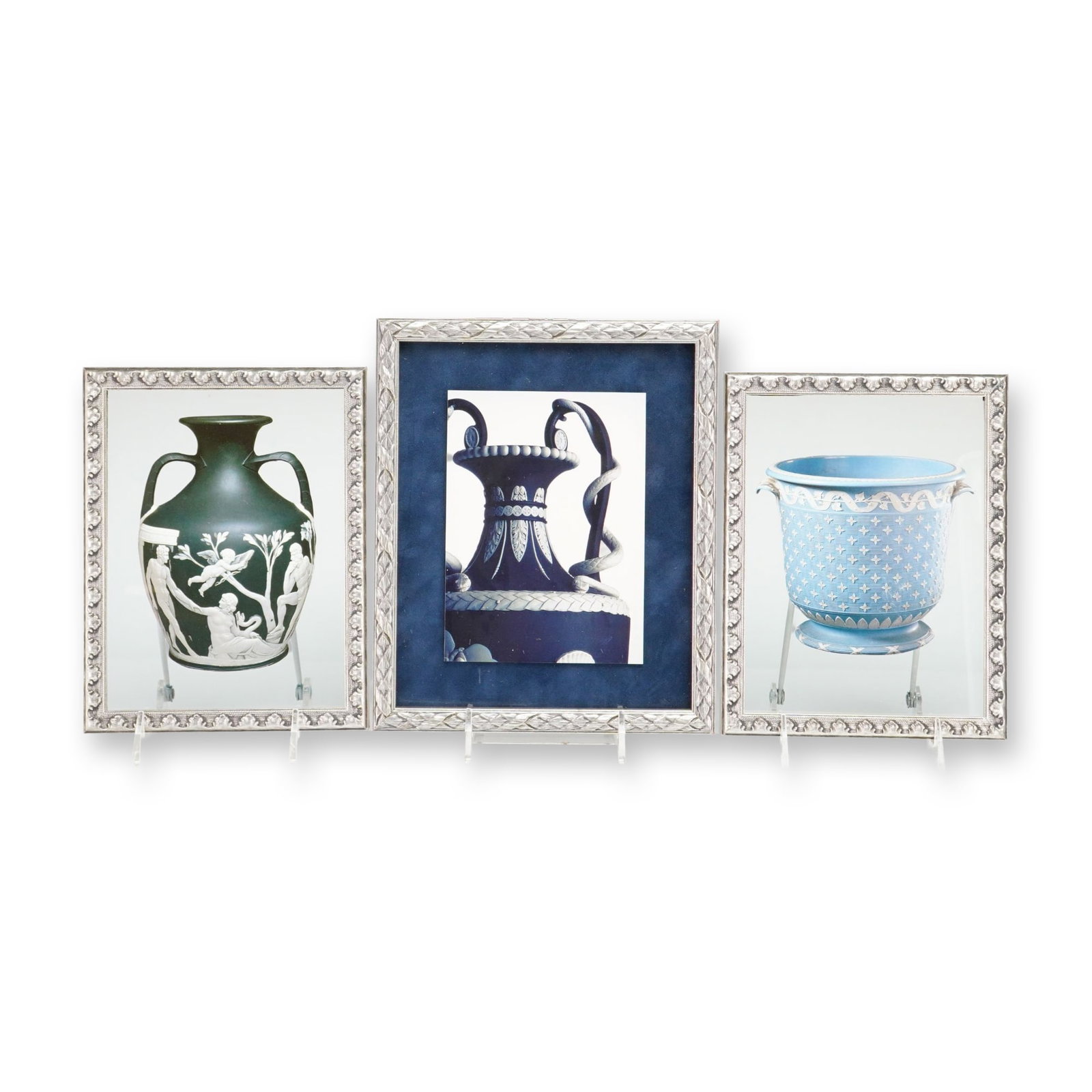 Victoria and Albert Museum, A Trio of Wedgwood Jasperware'Prints: These photographic prints depict 18th-century Wedgwood jasperware ceramics from the Victoria and Albert Museum collection. The collection consists of three framed items. Two prints are die-cut and mou