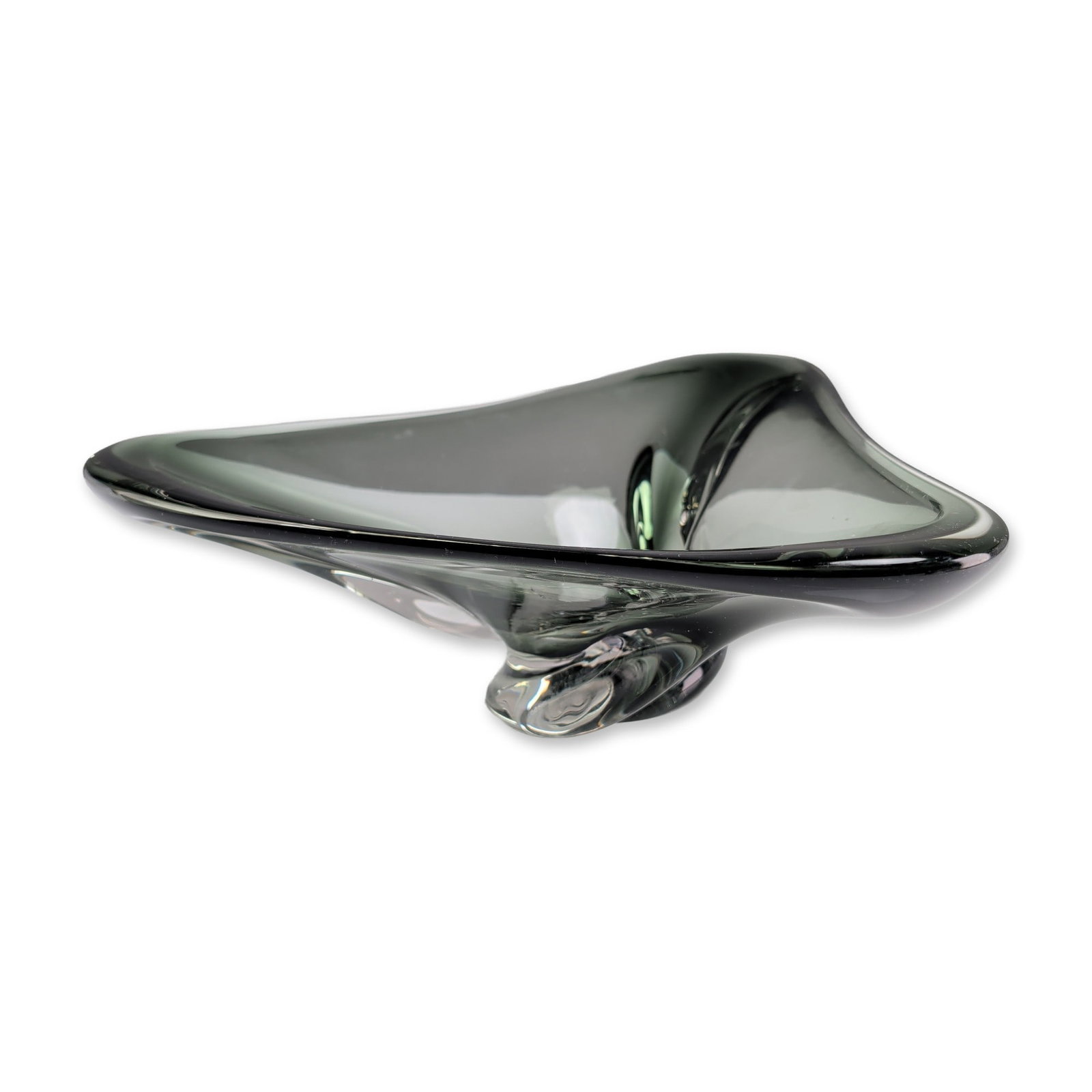 Mid-Century Modern Smoky Gray Art Glass Bowl: Scandinavian style tri-lobed art glass bowl in smoky gray, featuring a heavy-walled freeform design with three hand-pulled undulating points. The biomorphic form is executed in transparent glass with