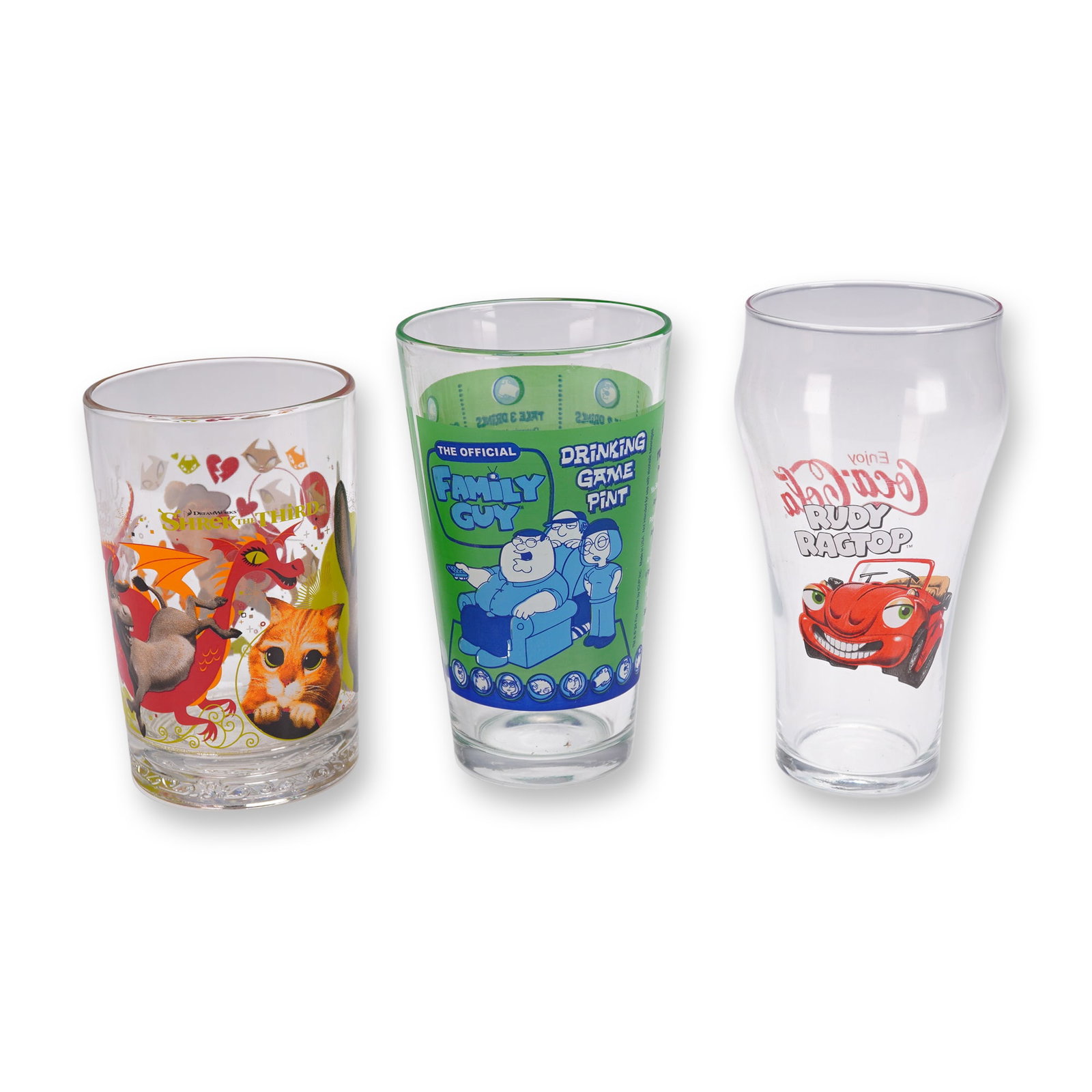 3pc Cartoon and Coca Cola Character Pint Glass Set: Set of three novelty pint glasses featuring full-color graphics. Includes one Family Guy official drinking game glass, one Coca Cola Rudy Ragtop glass in a tapered pub style, and one DreamWorks Shrek