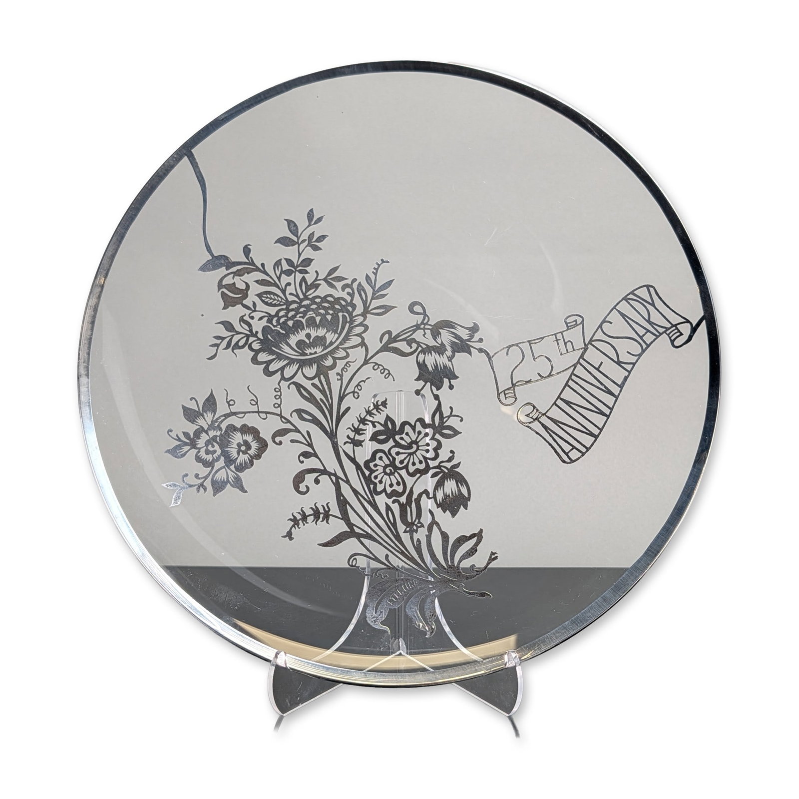 Silver City Glass Company Style Sterling Silver Overlay Anniversary Plate: Clear glass commemorative plate featuring a sterling silver overlay design in the style of the Silver City Glass Company. The motif consists of a stylized floral bouquet and a ribbon banner inscribed