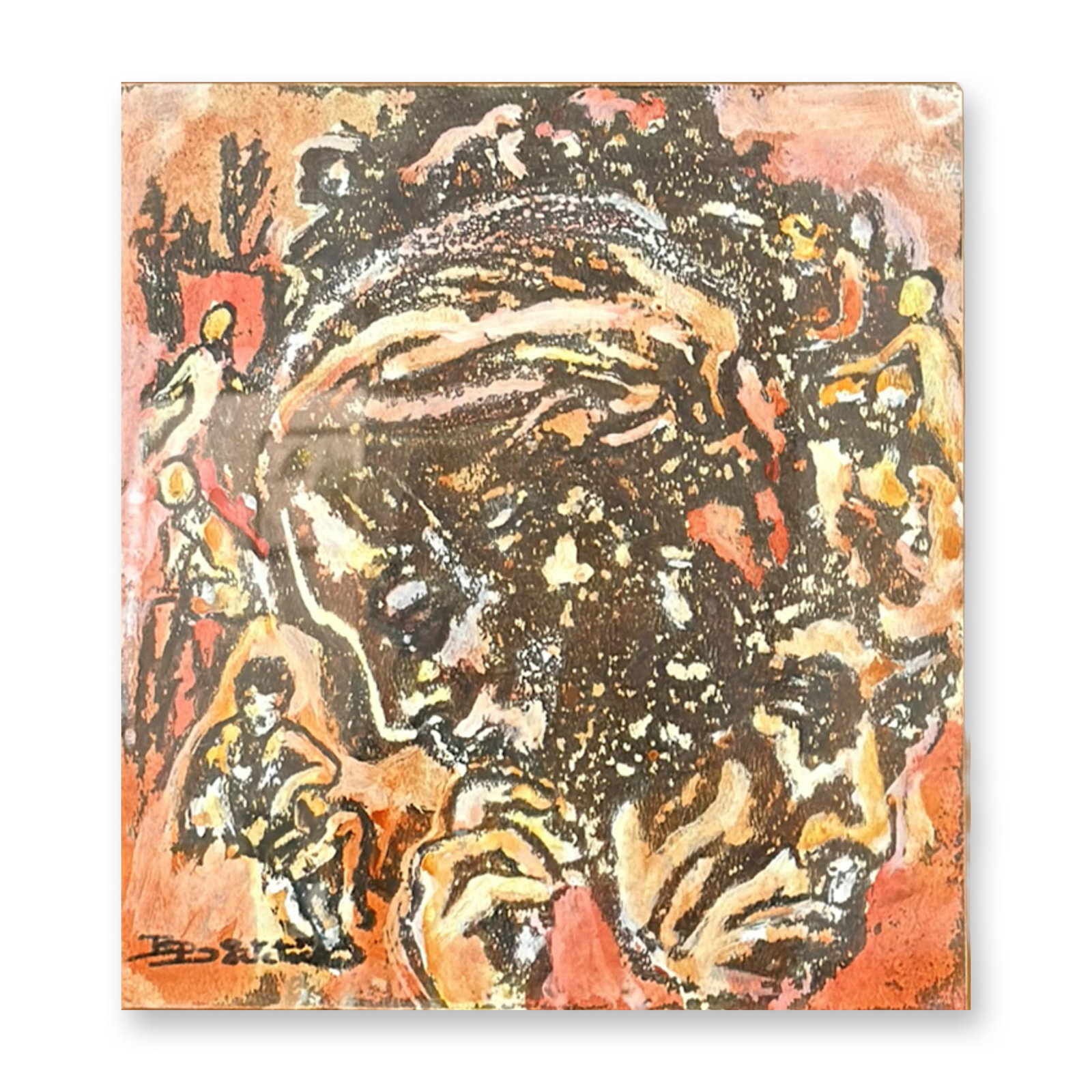 Manner of Francis Newton Souza, Gouache on Board, Composition with Figures, Signed: In the manner of the Neo-Expressionist school, this gouache and mixed media work on board depicts two central figures surrounded by multiple smaller ones in a dense, energetic composition. The work